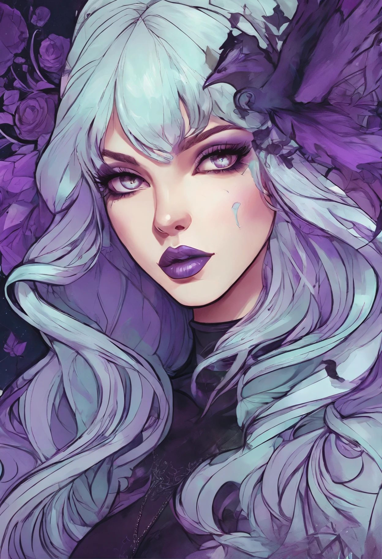 Body portrait for Attractive purple eyes and purple hair woman wearing purple silk bikini, joy, fun, elegant, pretty face, face details, purple eyes, FULL BODY VIEW, soft skin, fantasy, moon background, blunt cut hair, line art, swimming in the purple ocean, allure, crisp purple eyes, 3d shading, lily Aldridge, rustic charm, gorgeous woman, fashion look, DYNAMIC, marvel comics art, epic, detailed eyes, UHD, pretty face, glamours, clean face, showing in 4k format, impressive, Side-parted asymmetrical bob, fitness body, light hair, realistic, highly detailed, full body, high quality, charming and attractive woman, full intimate setting, comic book by Joshua Middleton.