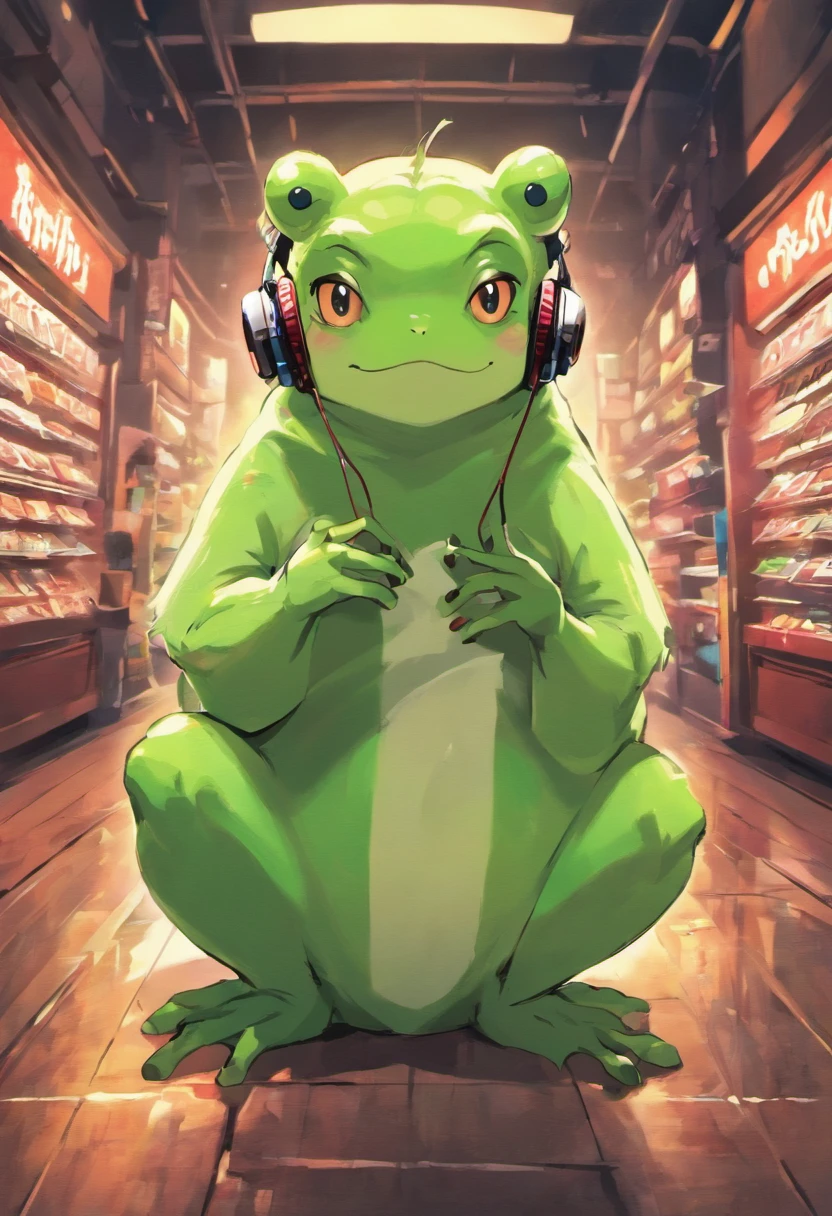 A masterpiece green frog with headphones eating kitkat chocholate, fatness