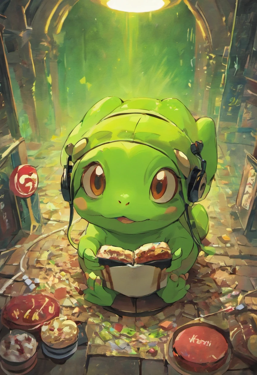 A masterpiece green frog with headphones eating kitkat chocholate, fatness