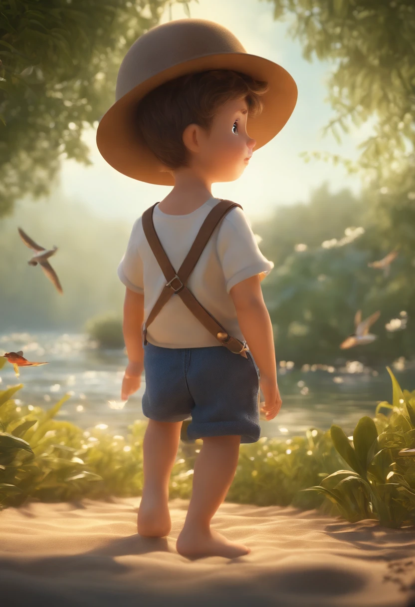 movie picture quality,style of disney animation,A swims in the sea with a koi in his arms,short detailed hair,Denim suspenders,The barefoot,depth of fields,high light,Real light,Ray traching,oc rendered,Hyper-realistic,best qualtiy,8K,Works of masters,super-fine,Detailed pubic hair,Correct anatomy,sharp focus on eyes,Bokeh,Facial features are carefully depicted as families set up tents for picnics in the forest,Cheerful laughter and the singing of birds fill the air with children's cartoons