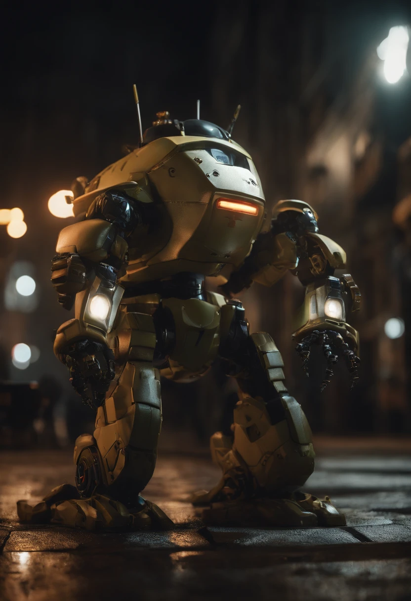Imagine a photorealistic and dramatic scene where Shin Chan, transformed into a lifelike mecha suit, engages in an intense battle with an enormous and highly detailed cockroach. The setting is dark and ominous, with dramatic lighting that highlights the mecha's intricate features and the terrifying scale of the cockroach. The heightened realism and dramatic atmosphere make this unlikely confrontation feel both captivating and intense