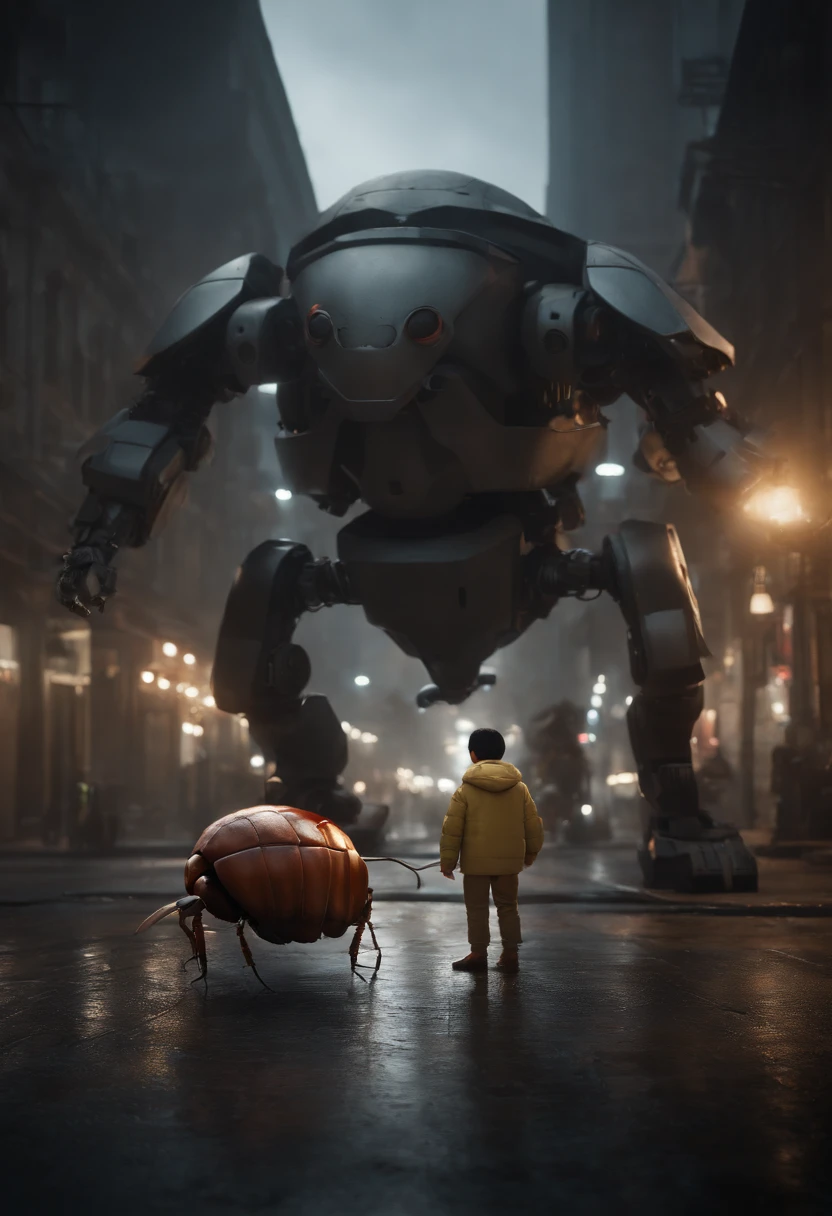 Imagine a photorealistic and dramatic scene where Shin Chan, transformed into a lifelike mecha suit, engages in an intense battle with an enormous and highly detailed cockroach. The setting is dark and ominous, with dramatic lighting that highlights the mecha's intricate features and the terrifying scale of the cockroach. The heightened realism and dramatic atmosphere make this unlikely confrontation feel both captivating and intense