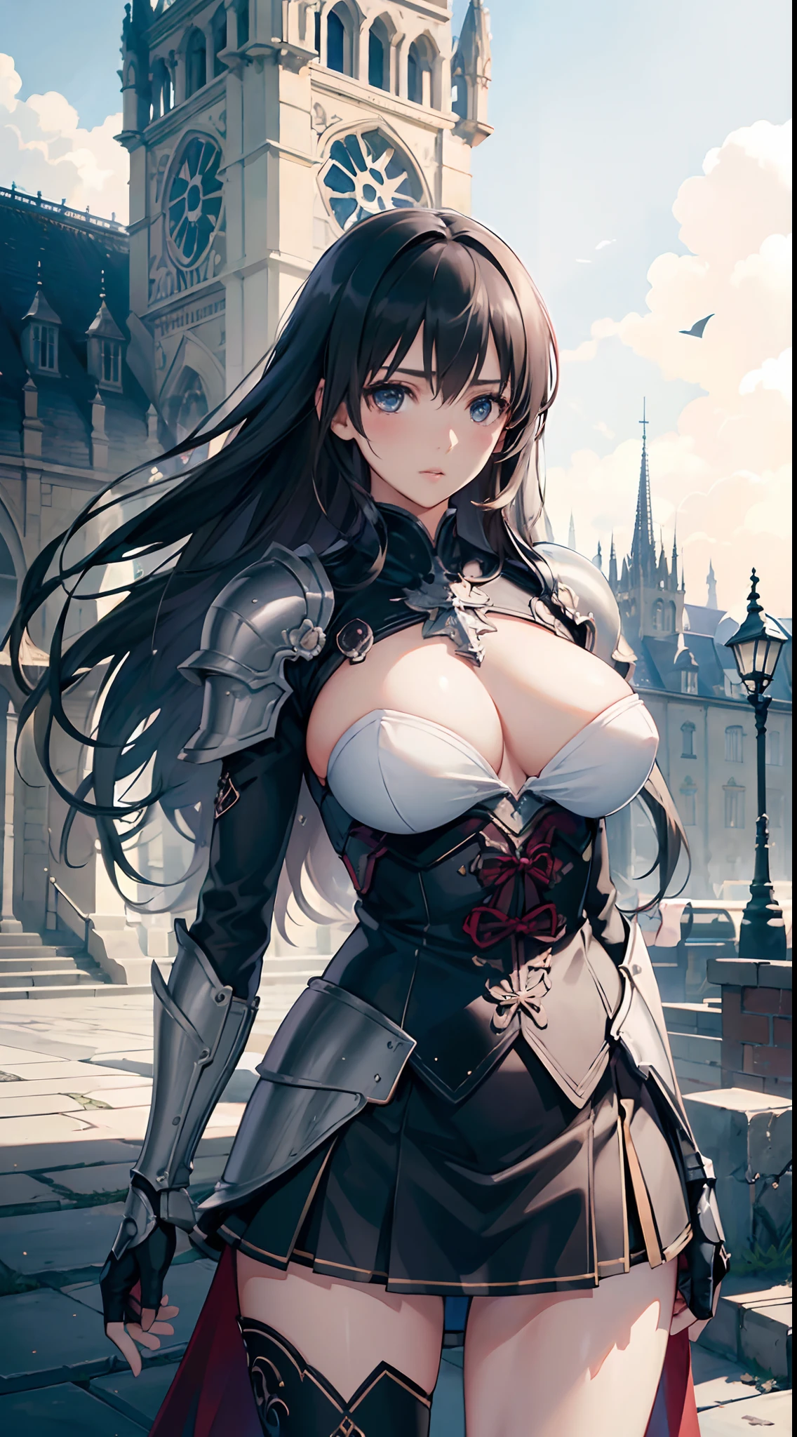 (slanted eye),(Best Quality, 4K, 8K, hight resolution, masutepiece:1.2), Ultra-detailed, (Realistic, Photorealistic, Photorealsitic:1.37), Mature Woman, Adult Woman, notre dame, Dark fantasy landscape,masutepiece, Highest Quality, Ultra-fine,max resolution, Extremely detailed, ((Woman knight, Clean Armor)),shining beautiful skin,Huge breasts, Blushing,Seductive thighs,a miniskirt,White panthies,Looking up from below,Strong wind is blowing