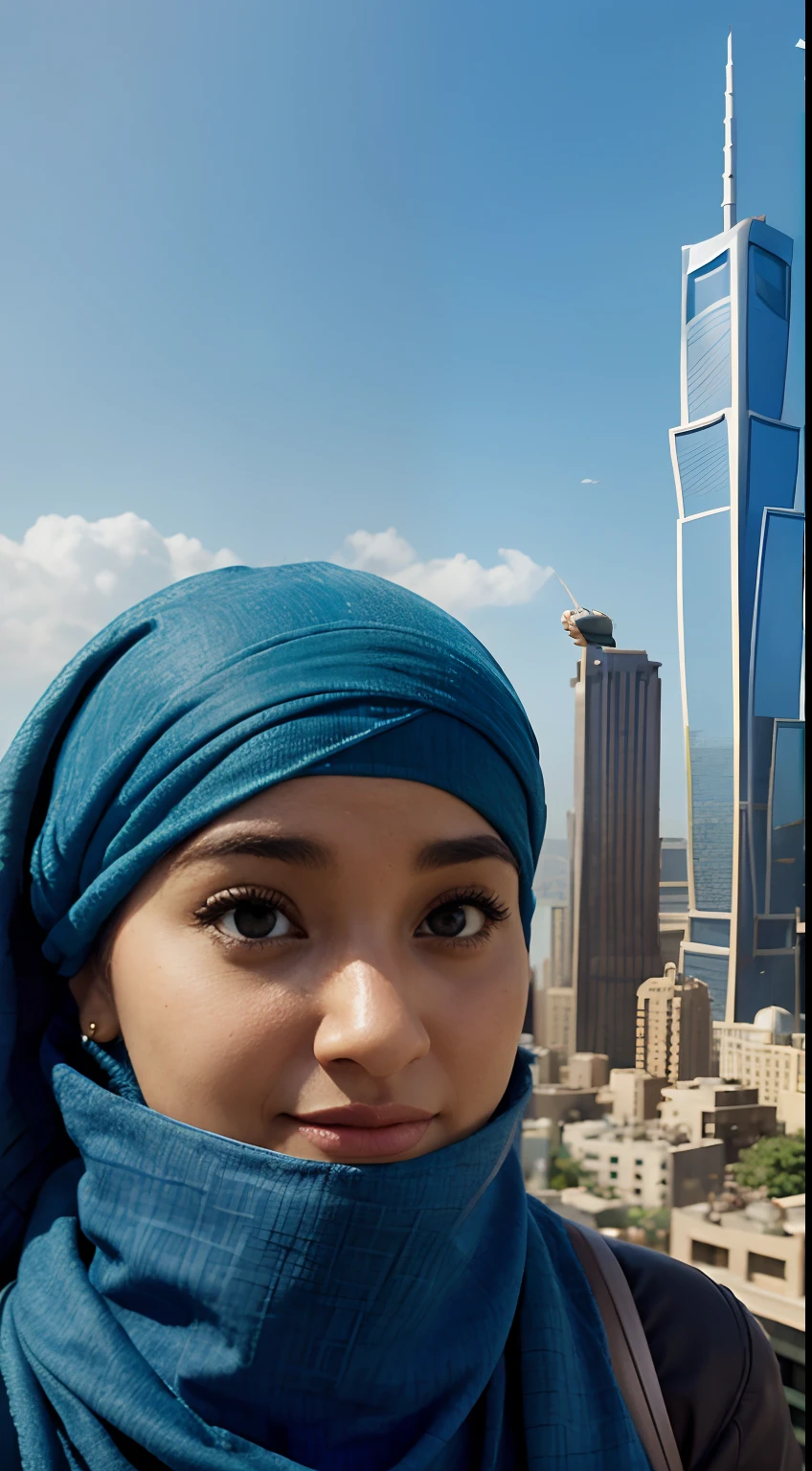 A pixar movie poster that has a cute arab with a turban on a plane that goes through two and adjacent identical skyscrapers that has a pixar styled blue font title: "September".