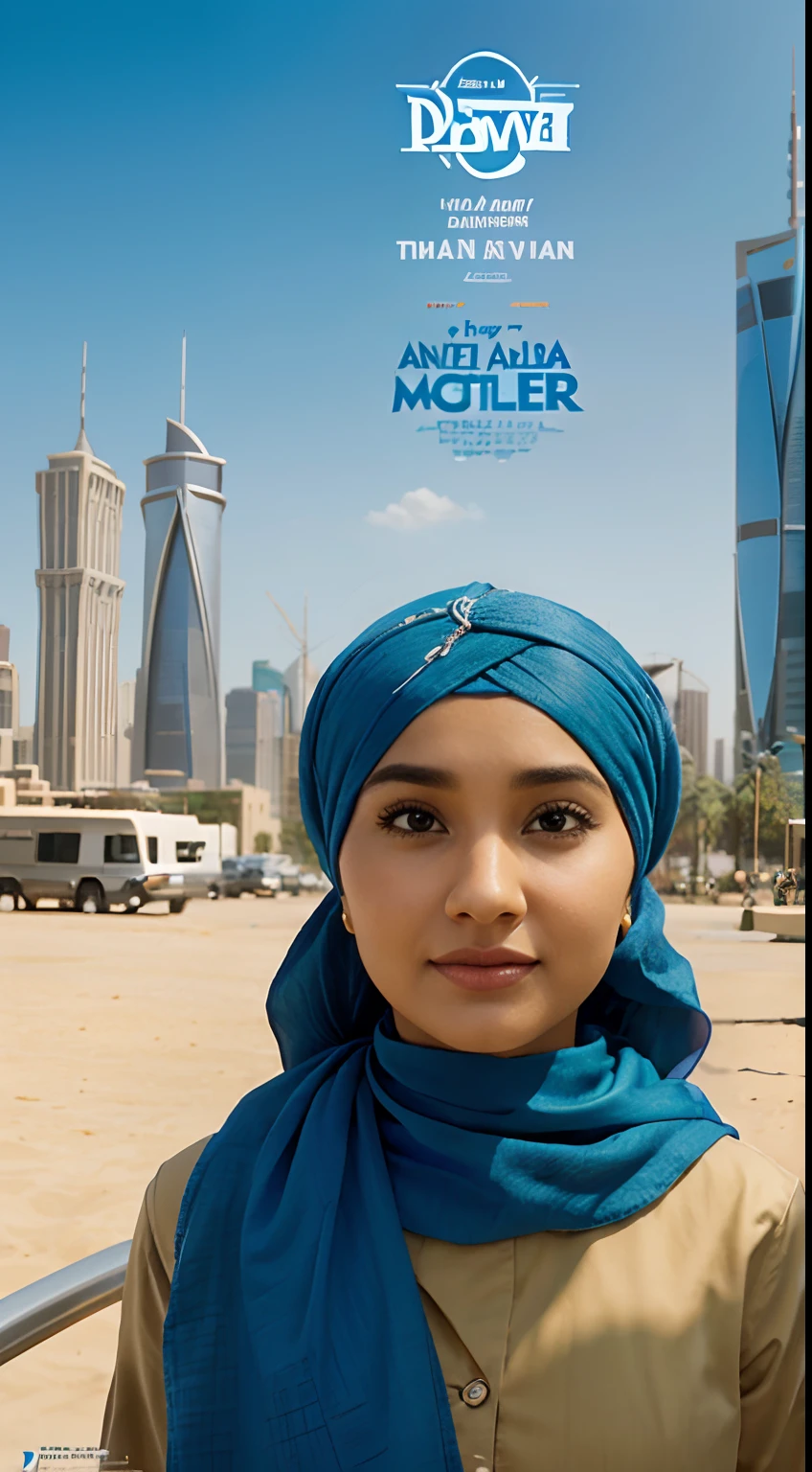 A pixar movie poster that has a cute arab with a turban on a plane that goes through two and adjacent identical skyscrapers that has a pixar styled blue font title: "September".
