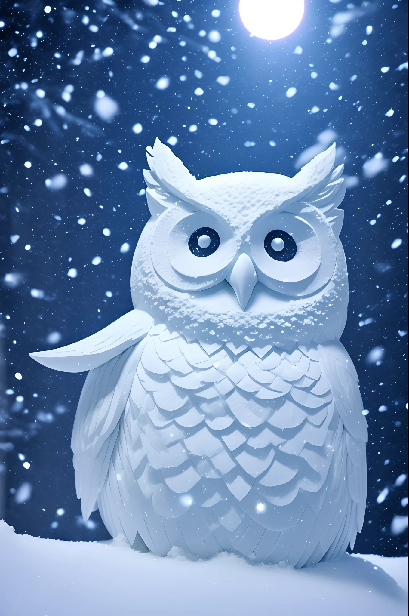 Owl snow sculpture、deep in the night、moonlights、Silence、nigh sky、Carefully crafted snow sculptures、totally white