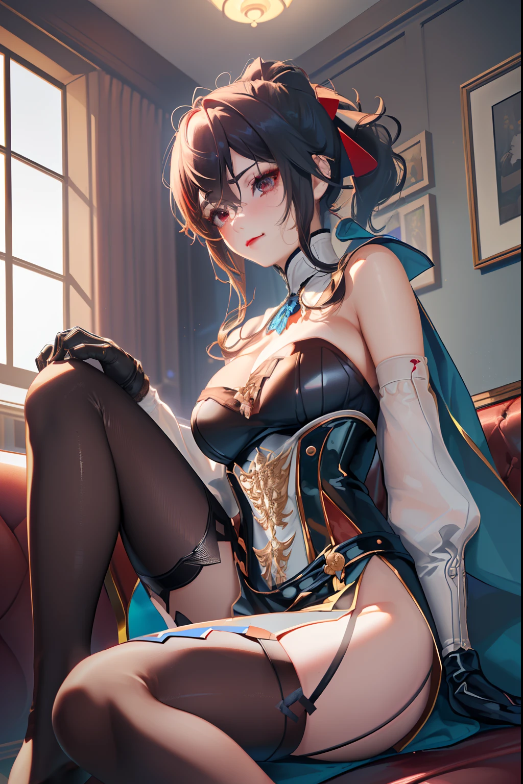 统一 8k 壁纸, portrait of a full body,Use many light particle filters for the background,((8k,Raw photography,top-quality,hight resolution,Ray tracing,nffsw,Best Quality,Textured,Post-processing,ultra fine photos,sportrait,。.3D,),(( Dark red BDSM , Dark red corset,Leather luster 3.0),Cute girls in Japan anime,evangerion,Rei Ayanami,Short indigo hair,Big breasts that emphasize cleavage:2.0,Thin leg,Brown eyes,Elaborate limb representation,a small nose,Have a perfect body))((Limbs are2One,Number of fingers5Accurately depicted in the book、Hands are lightly clasped,Complex fishnet stockings,pin heels,fishnet tights)),((tthin eyebrows,long eyelashes,smil,二重まぶた,Vibrant eyes,)),No title required,Do not wear anything on your shoulders,Create beautiful light effects on the background,Light Particle Filter,(finerly detailed face:1.4),(masterpiece:1.4),(top-quality:1.4), (kawaii:1.2),Beautiful fine skin,((tthin eyebrows,long eyelashes,smil,二重まぶた,red lipsticks,Thin eyeliner,)),No title required,Do not wear anything on your shoulders,(((Sit on the couch and spread your legs,Representing a woman from below with a low angle shot,Woman looking down and looking at floor,)))