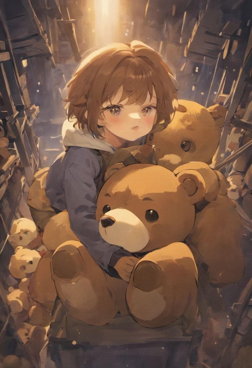 Create a realistic brown teddy bear painting, Ted Style, no human figures,shadowy, fantasy worlds、Teddy Bear Children