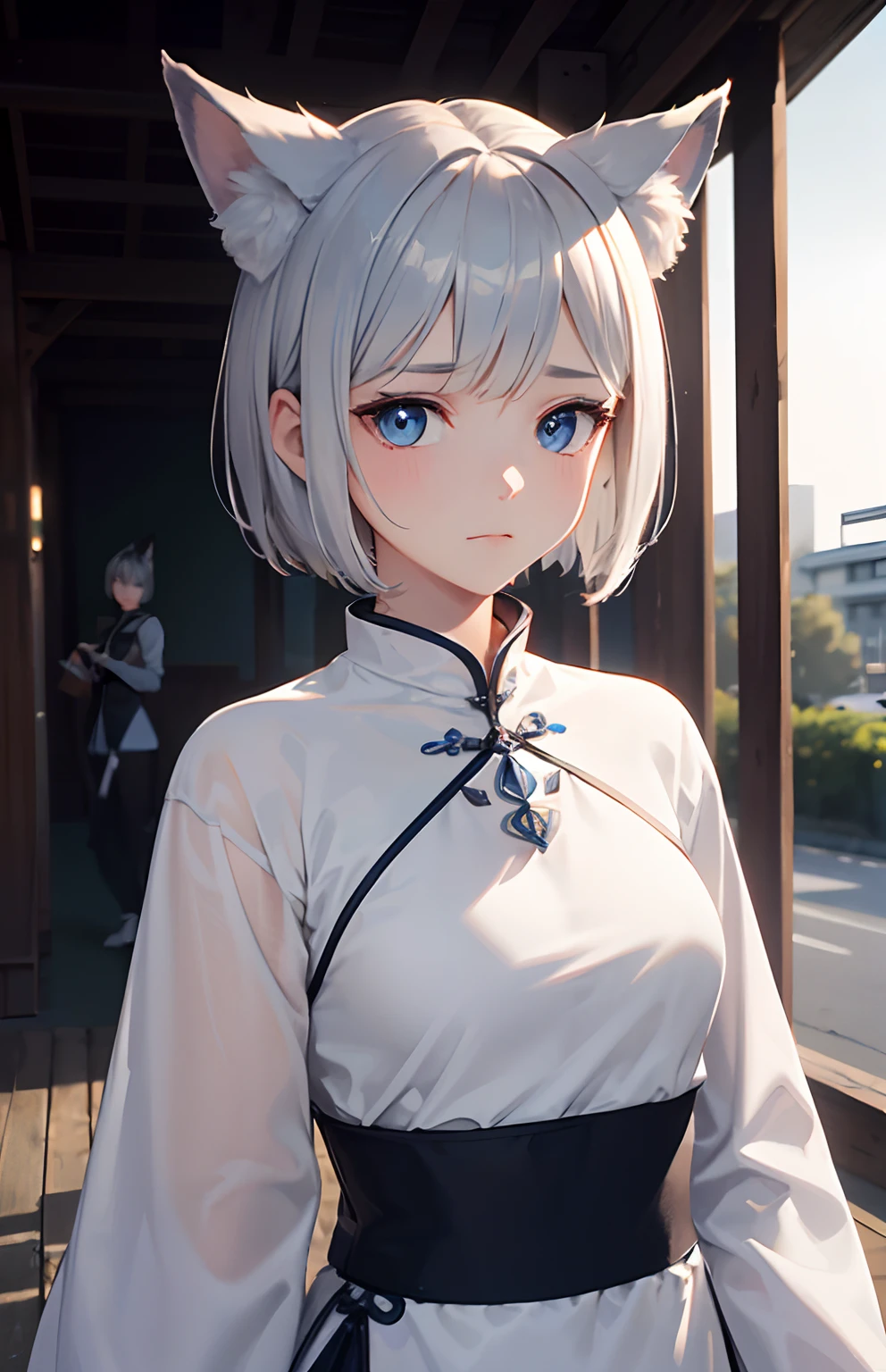 ​masterpiece,Top image quality,hight resolution,imagem 4k,Raw photo,Photorealsitic,{Solo},s girl,Embarrassment,Silver Short Bob,stare at each other,,Blue eyes,小柄,,Silver fox ears,Fox tail,,boyish,Ao Dai,