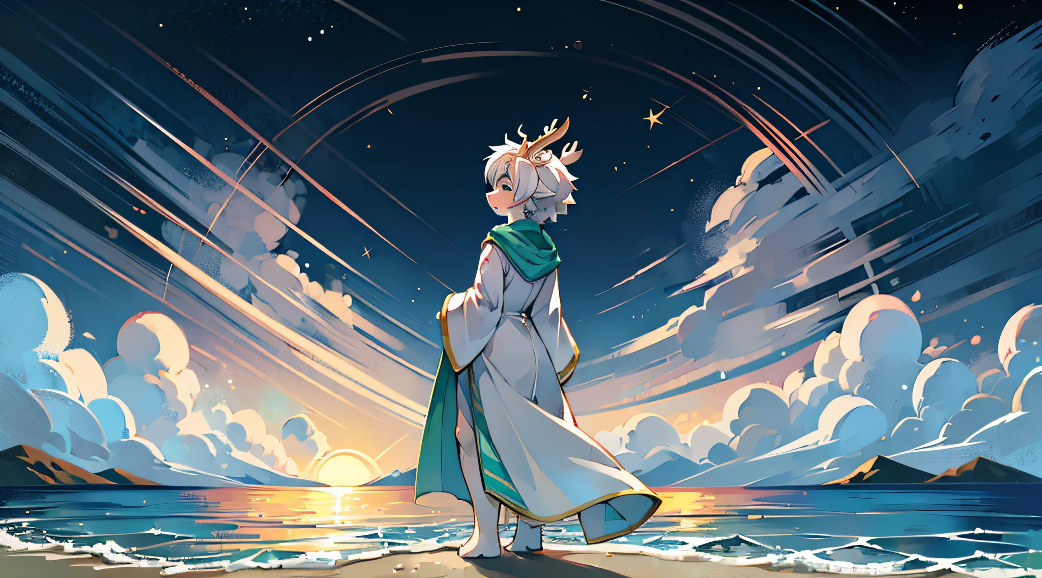 A white deer，stand on sand，the setting sun，blue-sky，eventide，back to look back，gentleness，Shota，adolable，long white robe，Green pattern，Close your eyes，having fun，expecting，Clear face