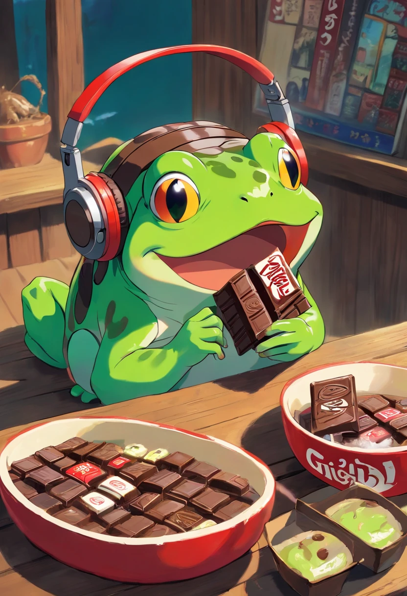 A masterpiece green frog with headphones eating kitkat chocholate, fatness