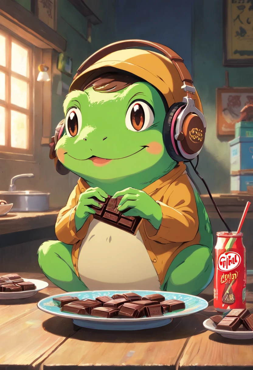 A masterpiece green frog with headphones eating kitkat chocholate, fatness