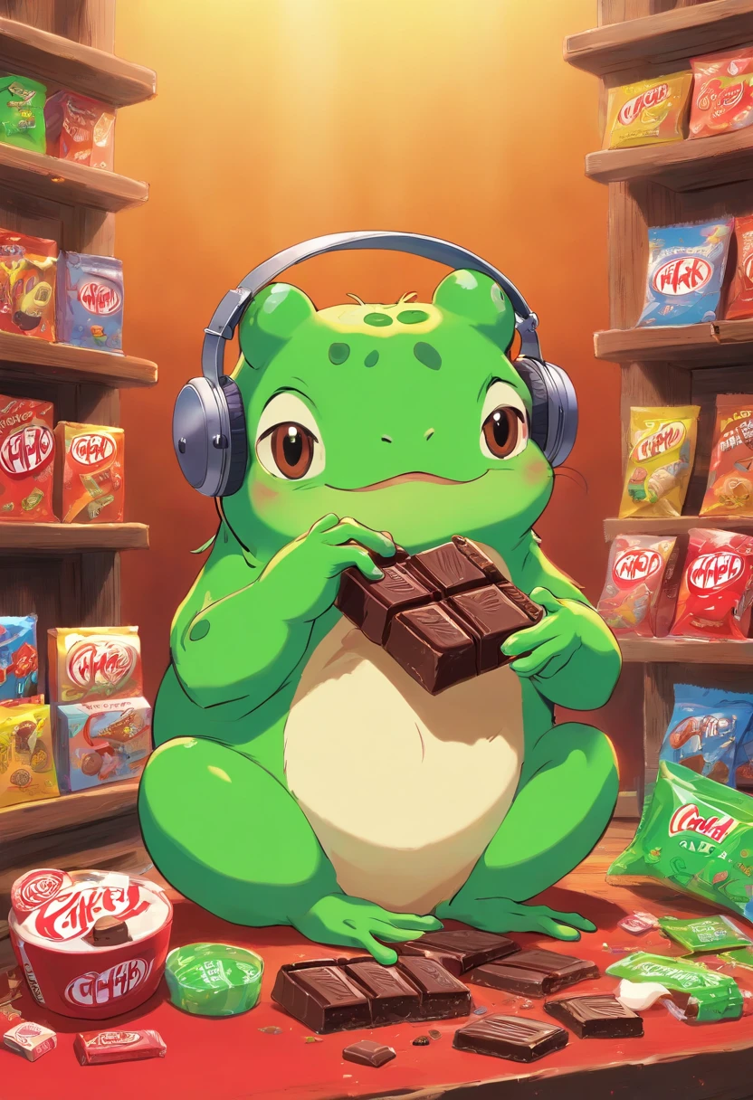 A masterpiece green frog with headphones eating kitkat chocholate, fatness