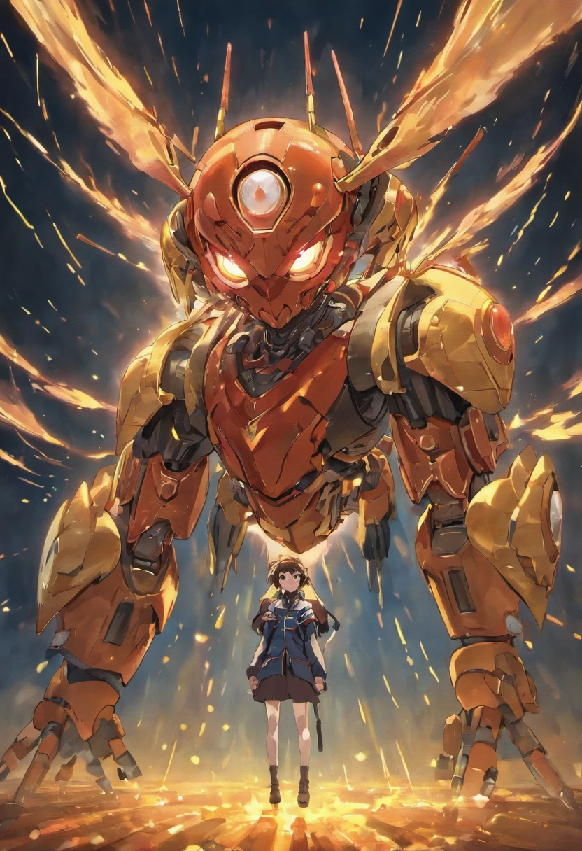 Imagine a photorealistic and dramatic scene where Shin Chan, transformed into a lifelike mecha suit, engages in an intense battle with an enormous and highly detailed cockroach. The setting is dark and ominous, with dramatic lighting that highlights the mecha's intricate features and the terrifying scale of the cockroach. The heightened realism and dramatic atmosphere make this unlikely confrontation feel both captivating and intense