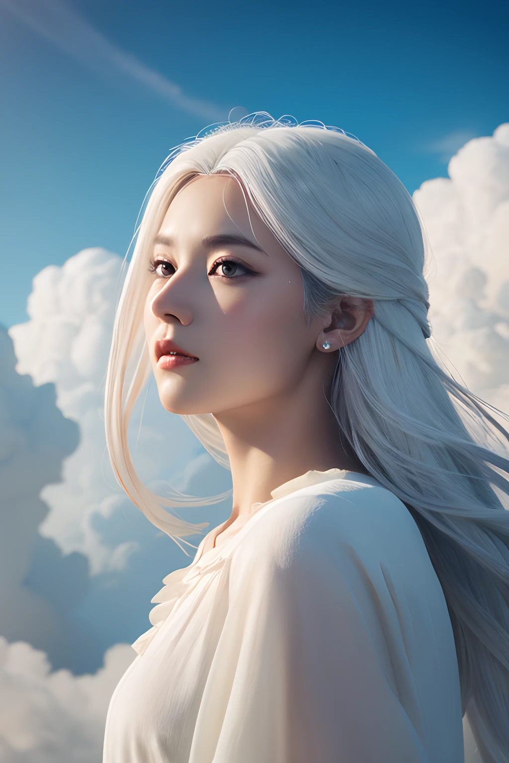 8K, Live Action, realisitic, a picture,White hair, Goddess is enveloped in clouds, WLOP-inspired live-action art, art stations, Fantasy Art, artwork in the style of guweiz, Beautiful live-action style, cute detailed digital art, beautiful digital works of art, deviantart artstation cgscosiety, Beautiful white-haired woman, Beautiful portrait, Azure. detailed hairs, loish and wlop, Looking at the camera, directly in front