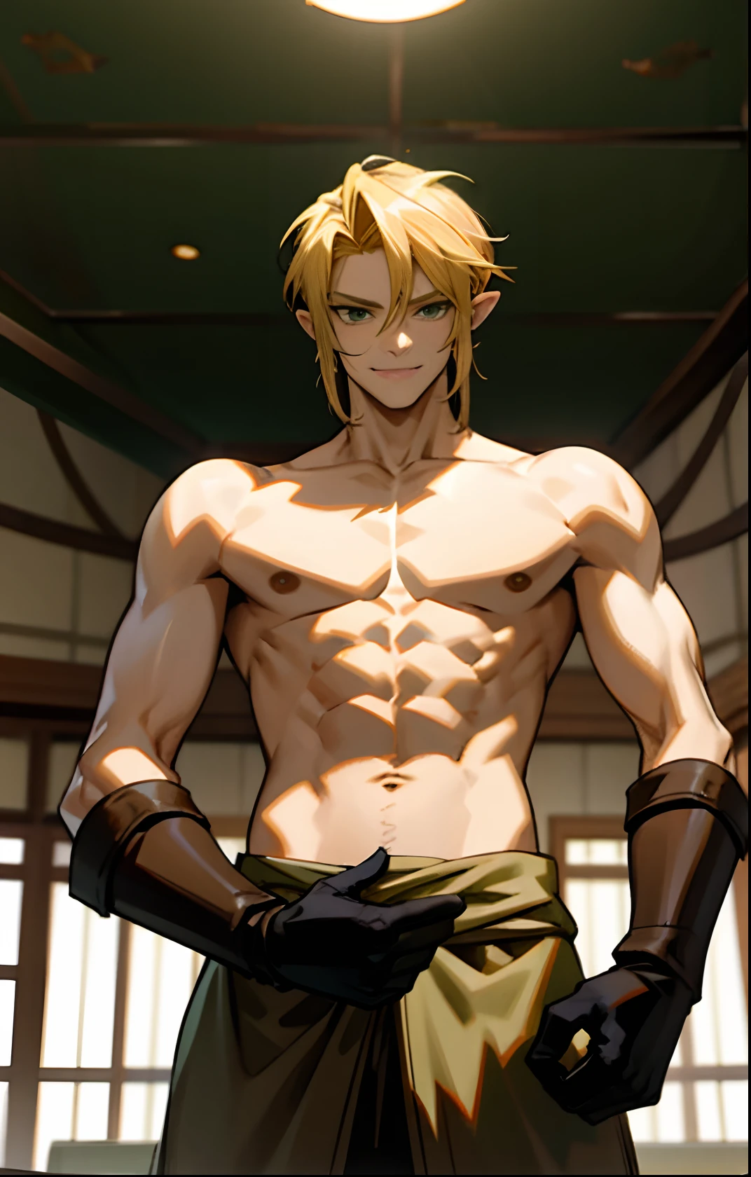blond, tall, green-eyed guy, viking style, russian hero style, strong, anime style, anime , link, ( gloves), standing, (topless:1.3), demigod , (muscular:0.5)(from above:0.4),(sport:0.2), (empty dojo),(smiling:0.3), (dominant:0.4),(evil:0.4)(confident:0.4)(sadistic:0.4)(adult:1)(masculine:1)(slender:0.3)(from below:0.3)(powerful)(looking at viewer),(bedroom background)(eyebrows raised:0.4)