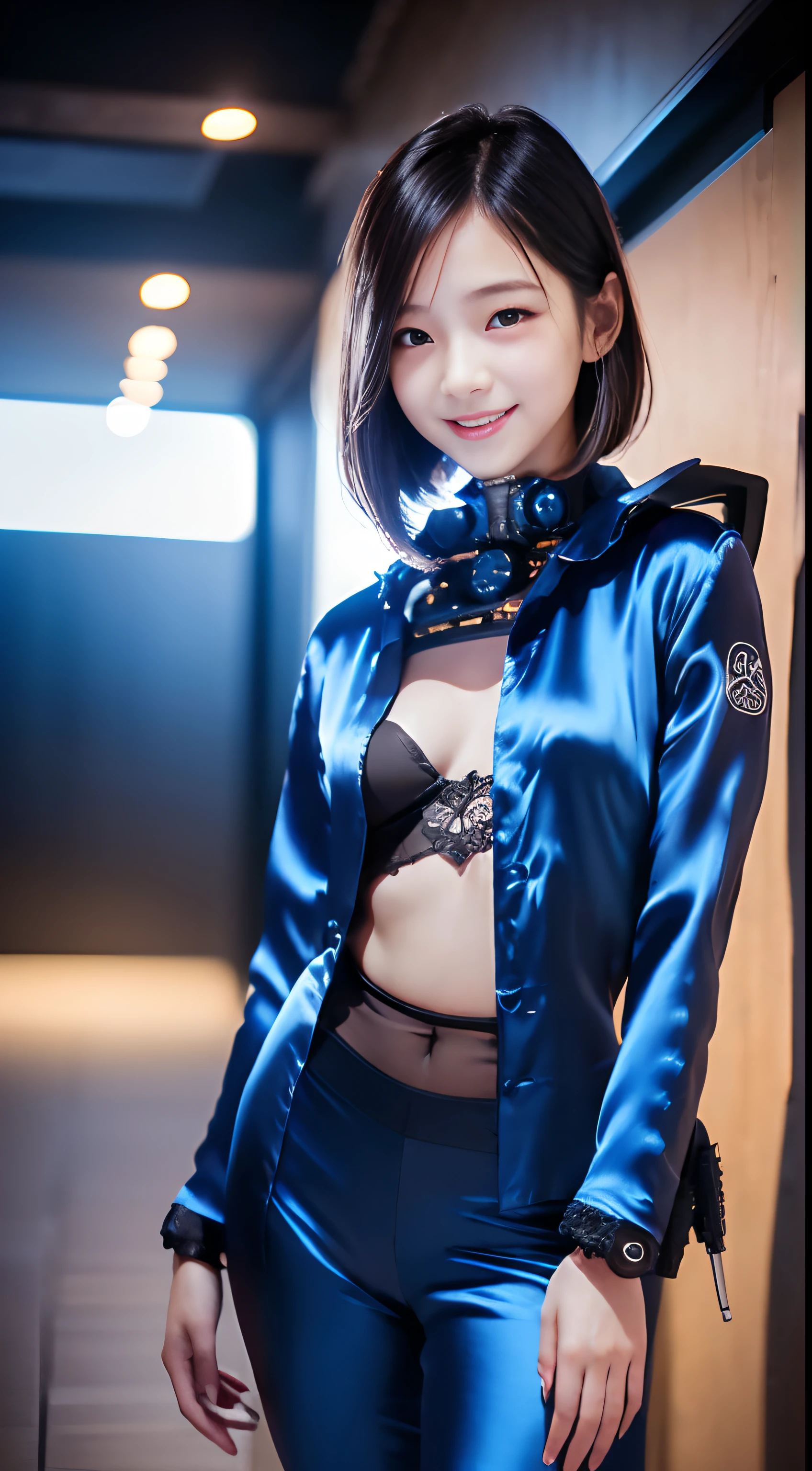 (masterpiece,top-quality,超A high resolution),A Japanese Lady, (((Very beautiful 12 year old girl))), Kawaii Girl、View photographer、Front view, ((Shorthair)), hyper cute face, Glossy lips, Double eyelids in both eyes,Smiling smile、 Natural makeup, long eyelashes, Glossy and smooth hair quality、central image, Perfect limbs, Perfect Anatomy,(((Dark blue sexy silk cyberpunk suit)))、((1 Mechanical Girl))