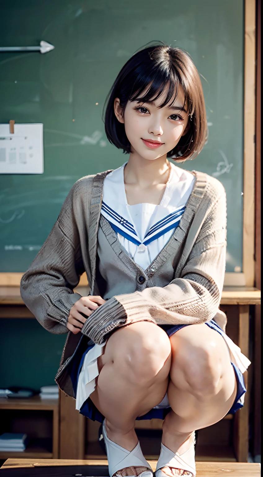 Face the front of your body at the camera:1.8, Composition looking up from below:1.8, (((Dressing:1.8))), The upper body is reliably dressed:1.8, pantie shot:1.8, (((Sailor Uniform:1.8, Cardigan:1.5, Pleated mini-skirt:1.8, white panties:1.5))), Panties look bright and clear:1.3, espadrilles, Dress reliably:1.8, Classroom:1.8, Squat with your knees bent:1.8, Show off panties:1.5, Dressing:1.8, Smiling smile:1.3, 1girl in, 独奏, 18year old, 7headed body, Ideal ratio body proportions, erectile nipple, short-hair, A dark-haired, With bangs, small tits, A slender, Small buttocks, beauty legs, Skinny Legs, surrealism, Cinematic lighting, depth of fields, One-person viewpoint, F/1.8, 135 mm, nffsw, masutepiece, ccurate, ((Anatomically correct:1.3)), Textured skin, Super Detail, high details, High quality, awardwinning, Best Quality, hight resolution, 8K