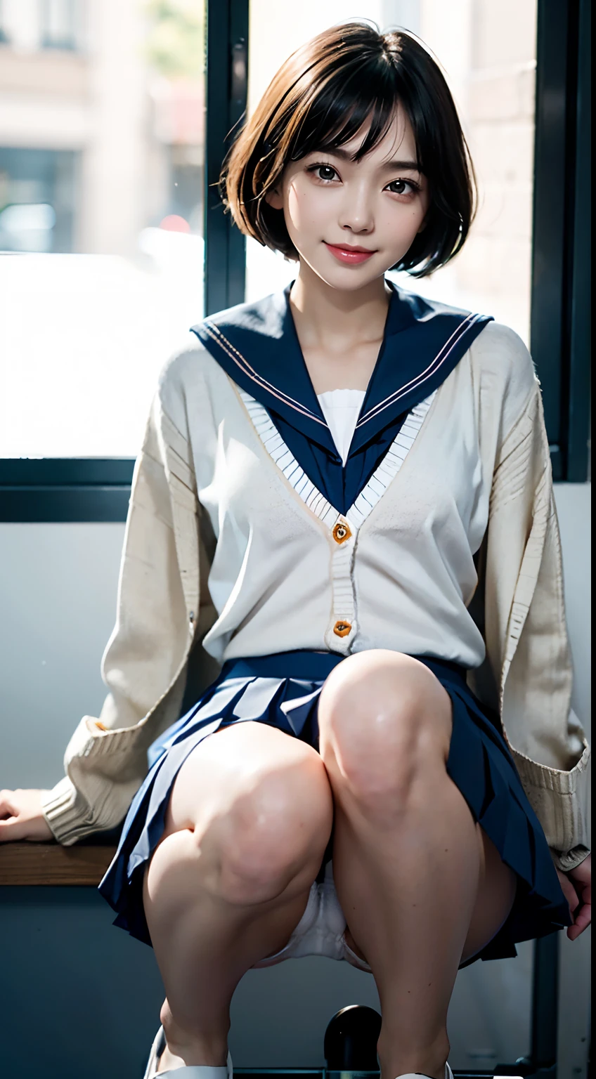 Face the front of your body at the camera:1.8, Composition looking up from below:1.8, (((Dressing:1.8))), The upper body is reliably dressed:1.8, pantie shot:1.8, (((Sailor Uniform:1.8, Cardigan:1.5, Pleated mini-skirt:1.8, white panties:1.5))), Panties look bright and clear:1.3, espadrilles, Dress reliably:1.8, Classroom:1.8, Squat with your knees bent:1.8, Show off panties:1.5, Dressing:1.8, Smiling smile:1.3, 1girl in, 独奏, 18year old, 7headed body, Ideal ratio body proportions, erectile nipple, short-hair, A dark-haired, With bangs, small tits, A slender, Small buttocks, beauty legs, Skinny Legs, surrealism, Cinematic lighting, depth of fields, One-person viewpoint, F/1.8, 135 mm, nffsw, masutepiece, ccurate, ((Anatomically correct:1.3)), Textured skin, Super Detail, high details, High quality, awardwinning, Best Quality, hight resolution, 8K