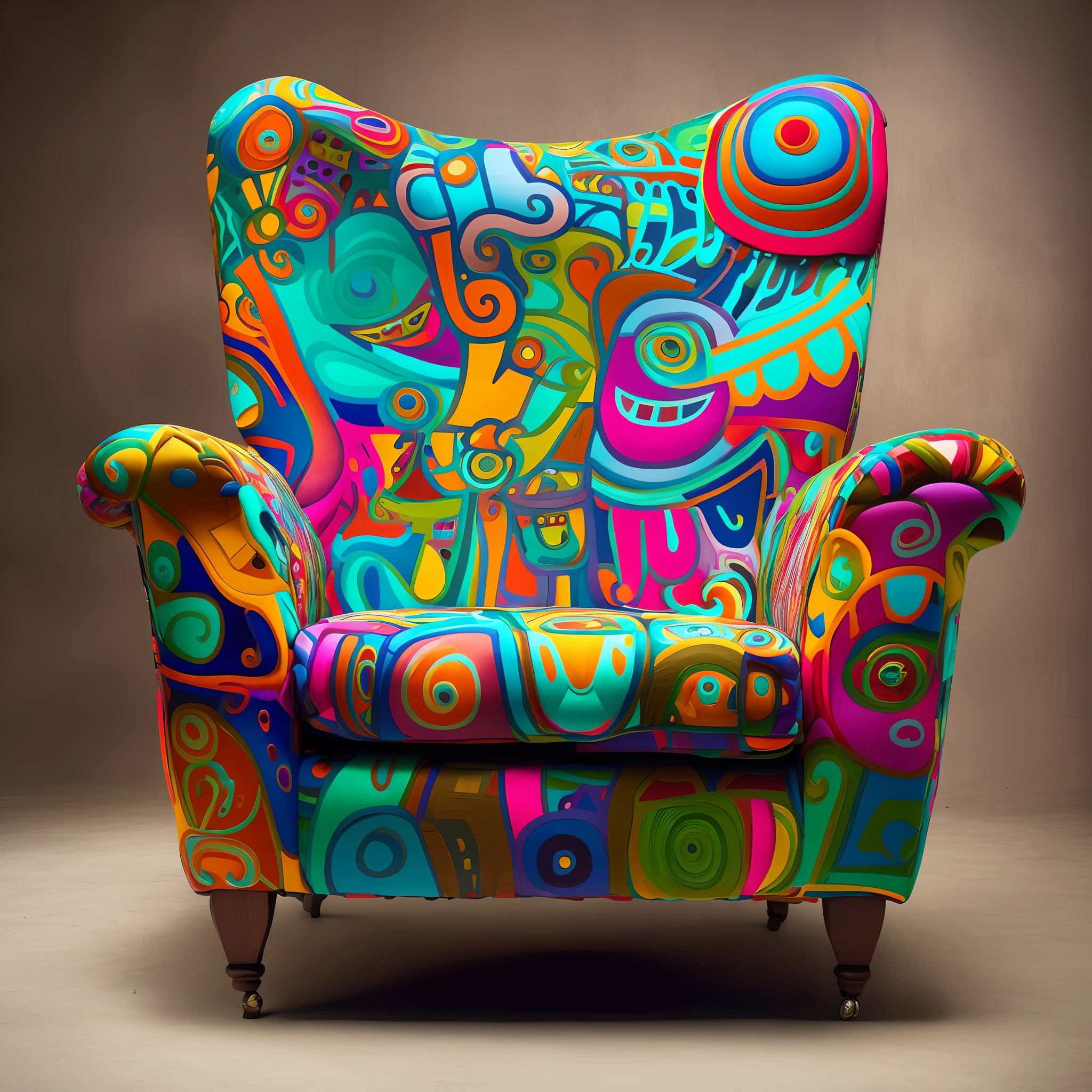brightly colored chair with a colorful design on it, funky furniture, inspired by Tim Biskup, whimsical and psychedelic, monster graveyard chair, armchair, inspired by Pierre Alechinsky, bold and colourful, inspired by Paul Feeley, armchairs, portrait shot, 6 0 s chair, inspired by Wes Wilson, cozy arm chairs, maximalist sculpted design, hand - painted