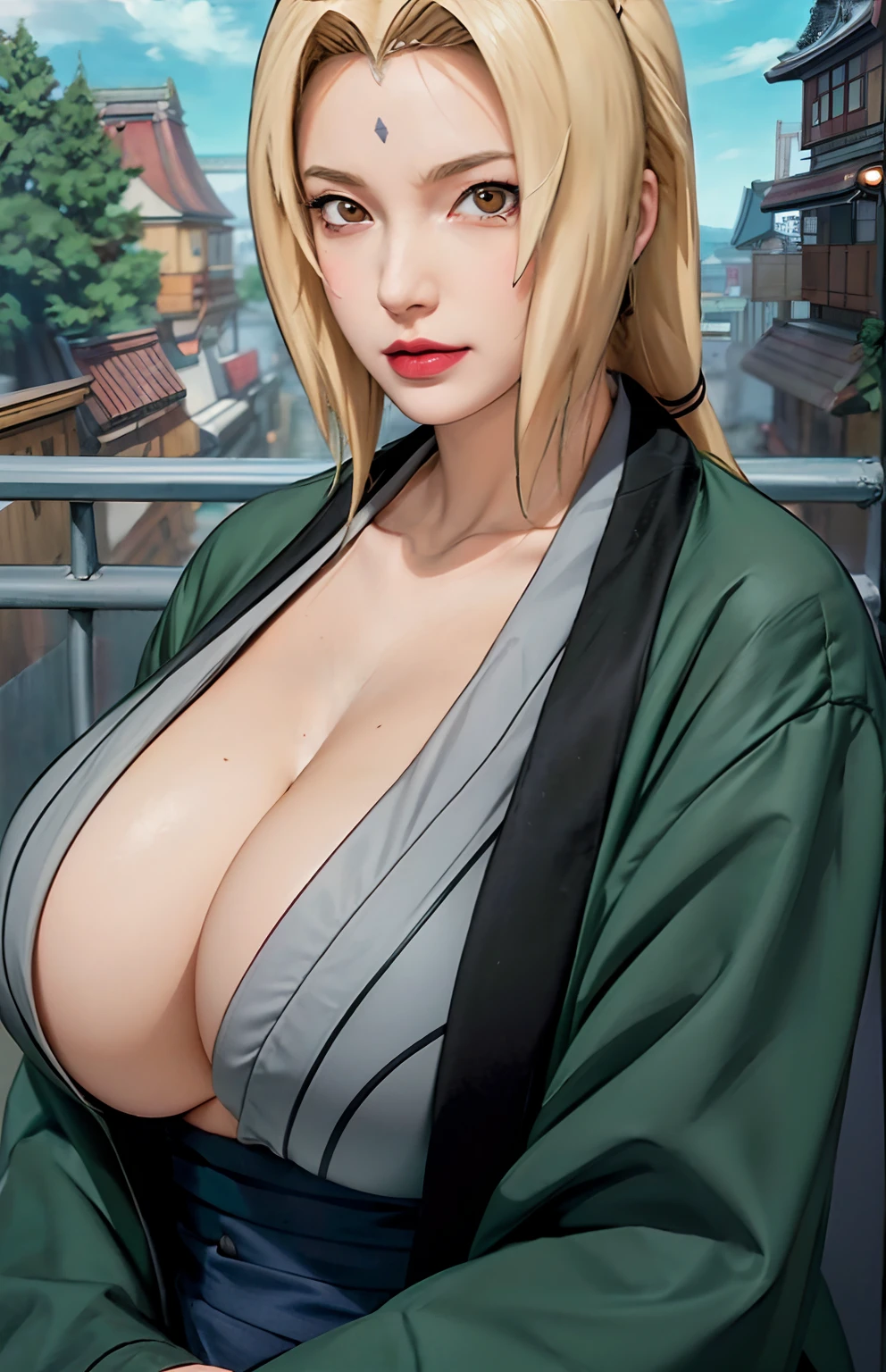 (huge tits), cleavage, good anatomy, masterpiece, best quality, 4k, 8k, professional photography, soft light, sharp focus, 1 girl,  blonde hair, kimono, (mountai), clouds, blonde hair, parted banks, detailed face+brown eyes, smile, closed lips, lipstick, bookshelves, windows,realistic, Tsunade in anime (Naruto)