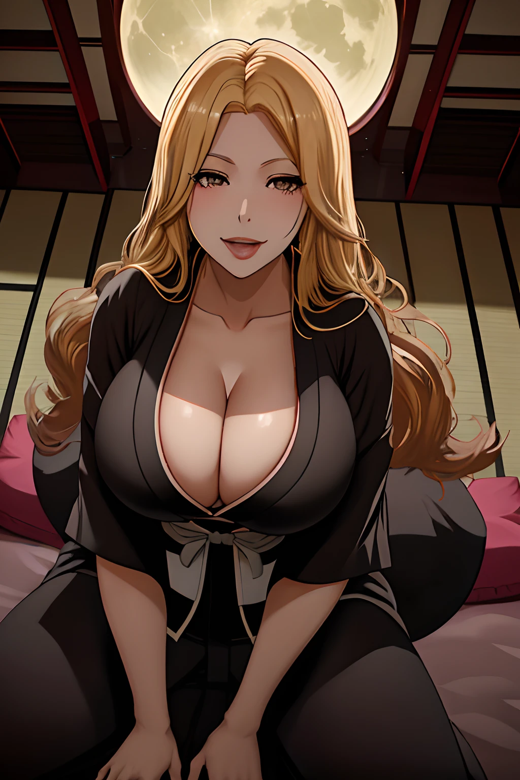 Rangiku, Night, cleavage, , Deep gray eyes, Moon, Black kimono, Stars, Big breasts, From below, Blonde hair, Smile、On the futon in the Japanese-style room、Straddling a man、With a slouch、Little Devil Face