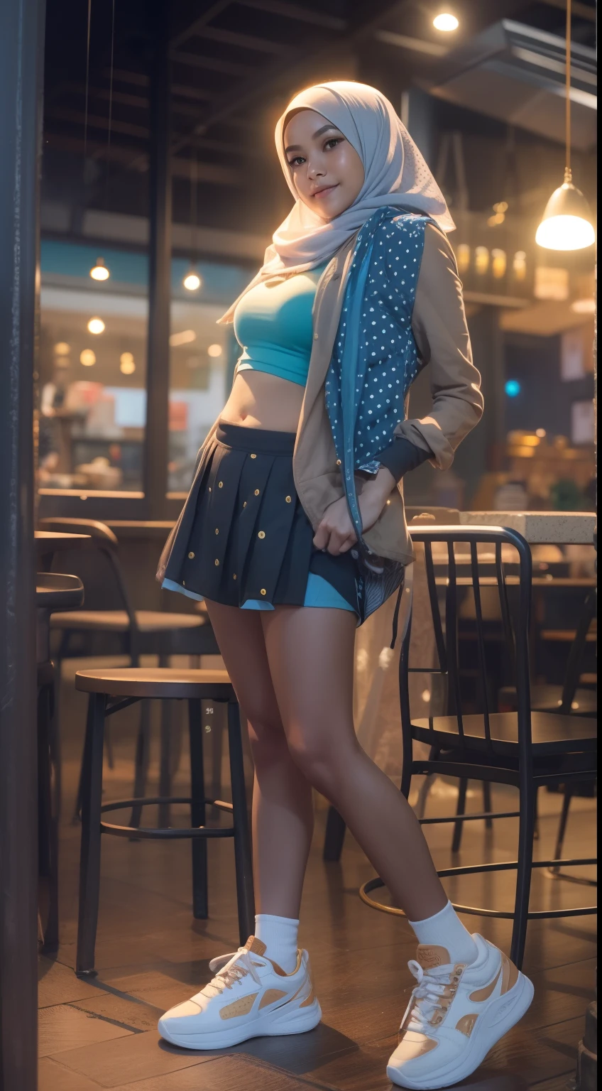 Young Malay girl in hijab standing and pose in hipster cafe, happy, smiling, nighttime, wearing turquoise polka dot beginners bra and pleated short skirt, white high sneakers,  professional lighting, ray lighting, blur background, cool ambient, calm ambient, bokeh, small breast, flat chest, small waist, small head, short petite body, wide hips, thick thighs, curved back, round small ass, sexy pose, bright lighting, mole below eyes, skin spots, acnes, skin blemishes, age spot, detail skin texture, skin detail, skin wrinkle detail, dark brown skin, gold necklace, high quality, ultra detail face,