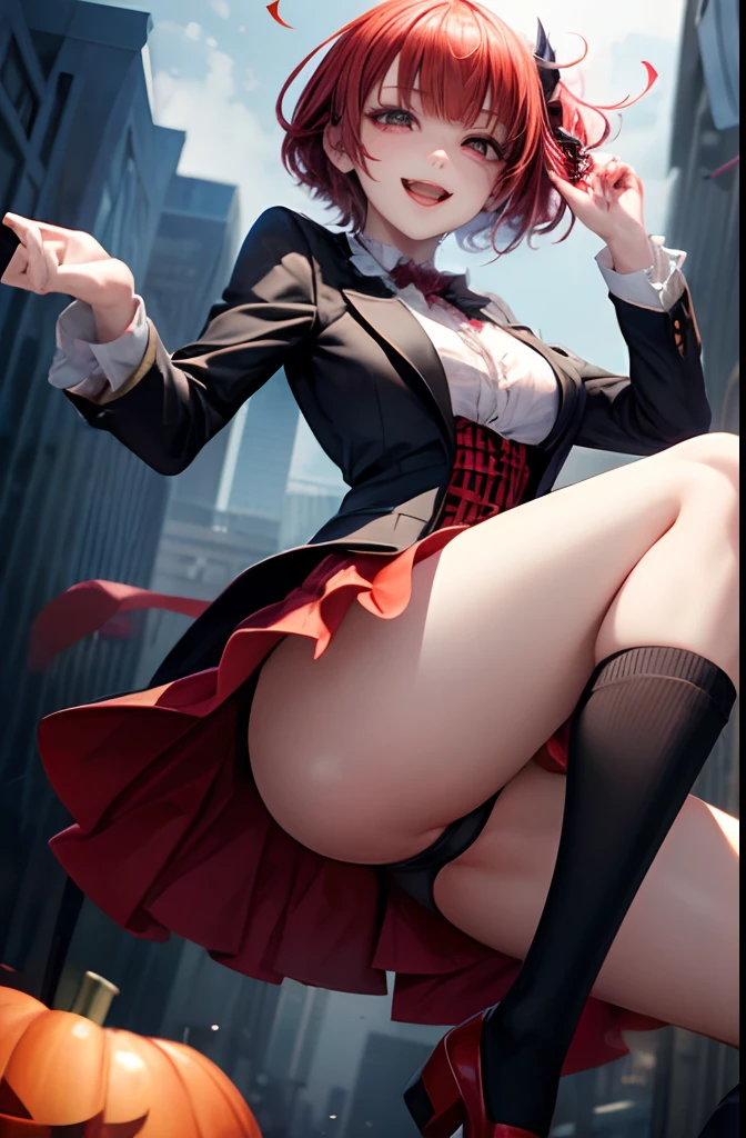 (top-quality、in 8K、32K、masterpiece、nffsw、超A high resolution、Impresionismo、Photorealsitic:1.2)、Colossal tits、cowboy shot、Magician Pose、 detailed faces and eyes、 nightcity、Dim Street Lights、A jack-o'-lantern is placed on the road、Flying balloons、Beautiful girl at 、Joker's red circle nose、Whitewashed face、Paint around the eyes、Joker Makeup、beauitful face、blurry backround、16-year-old beautiful girl、shinny skin、Medium Hair、Beautiful red hair、Blunt bangs、Green eyes、(Joker's clothes:1.2)、Black and red checked Joker costume、Flared skirt with black and red check、Black knee-high、Black Joker Shoes、Curve、(Panties are visible:1.2)、Smile with open mouth、juggling