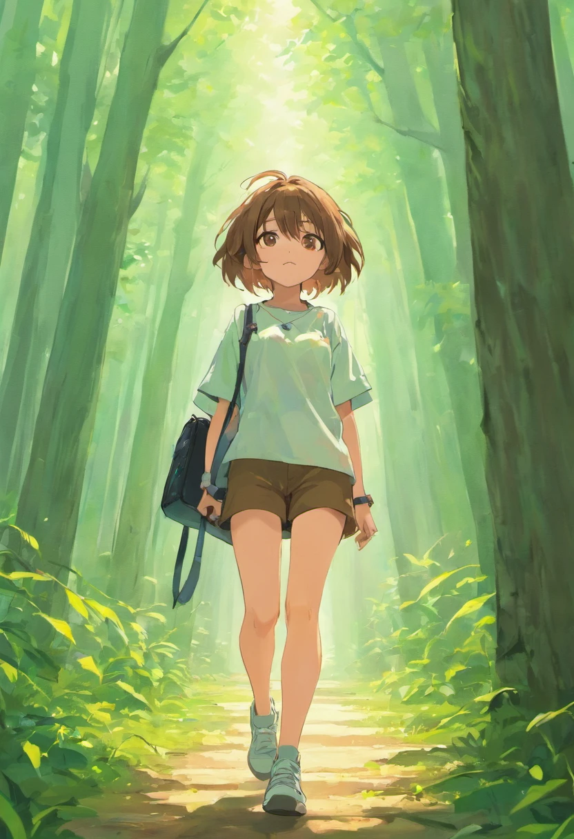 In the forest,A boy's back,Bring a travel bag,In a white blouse shirt,brown shorts,athletic sneakers,Tied up with hair,on back