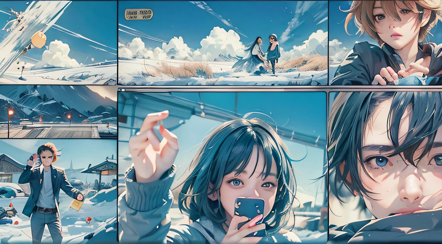 Comic storyboard:1.8, Comic strip, comic layouts, fighting manga storyboard, story of loving couples, anime emoji themed pack, hyperHD, Japanese anime manga style, blue background dark sky, 24K UHD.