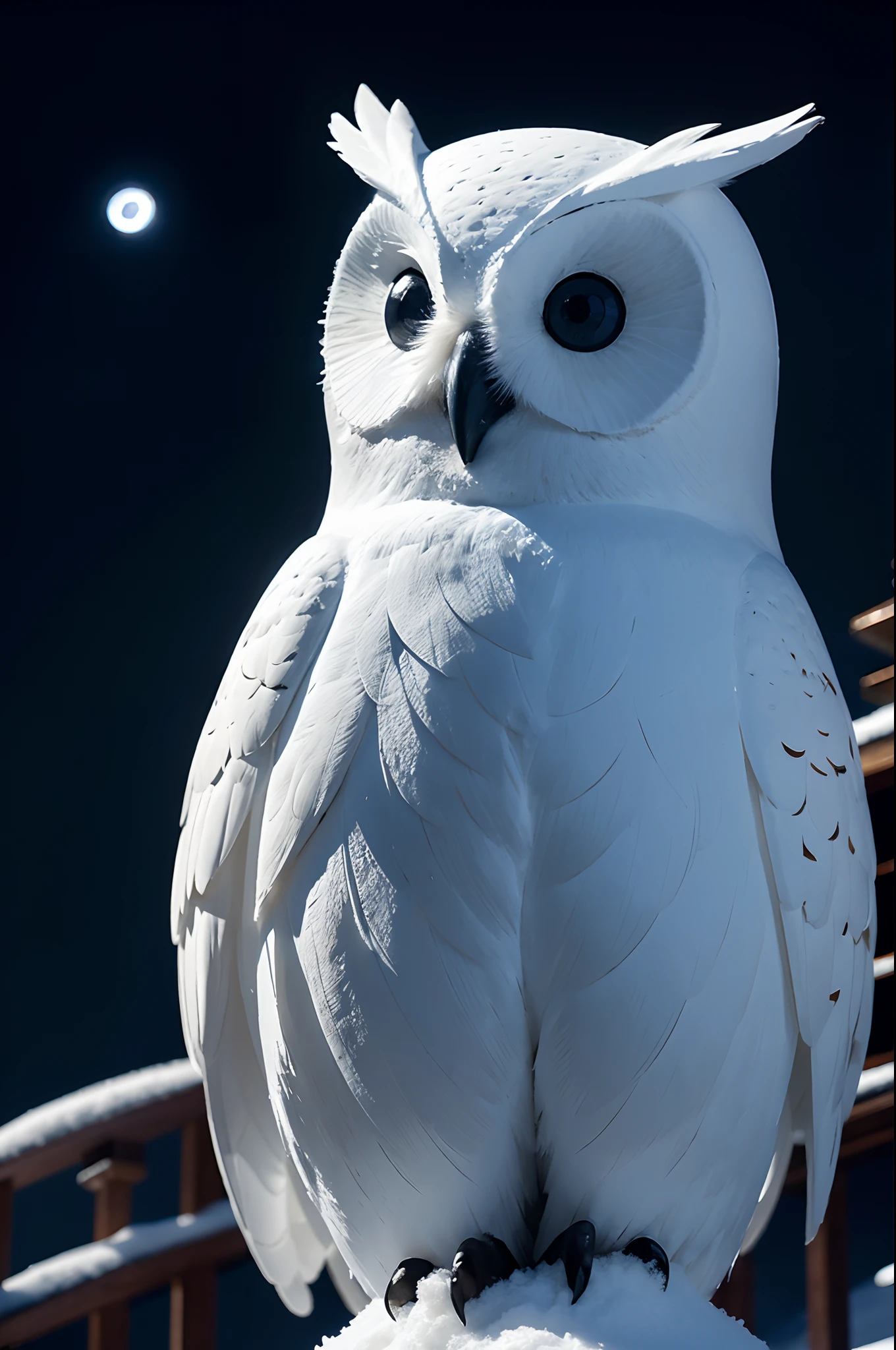 Owl snow sculpture、deep in the night、moonlights、Silence、nigh sky、Carefully made snow sculptures、totally white