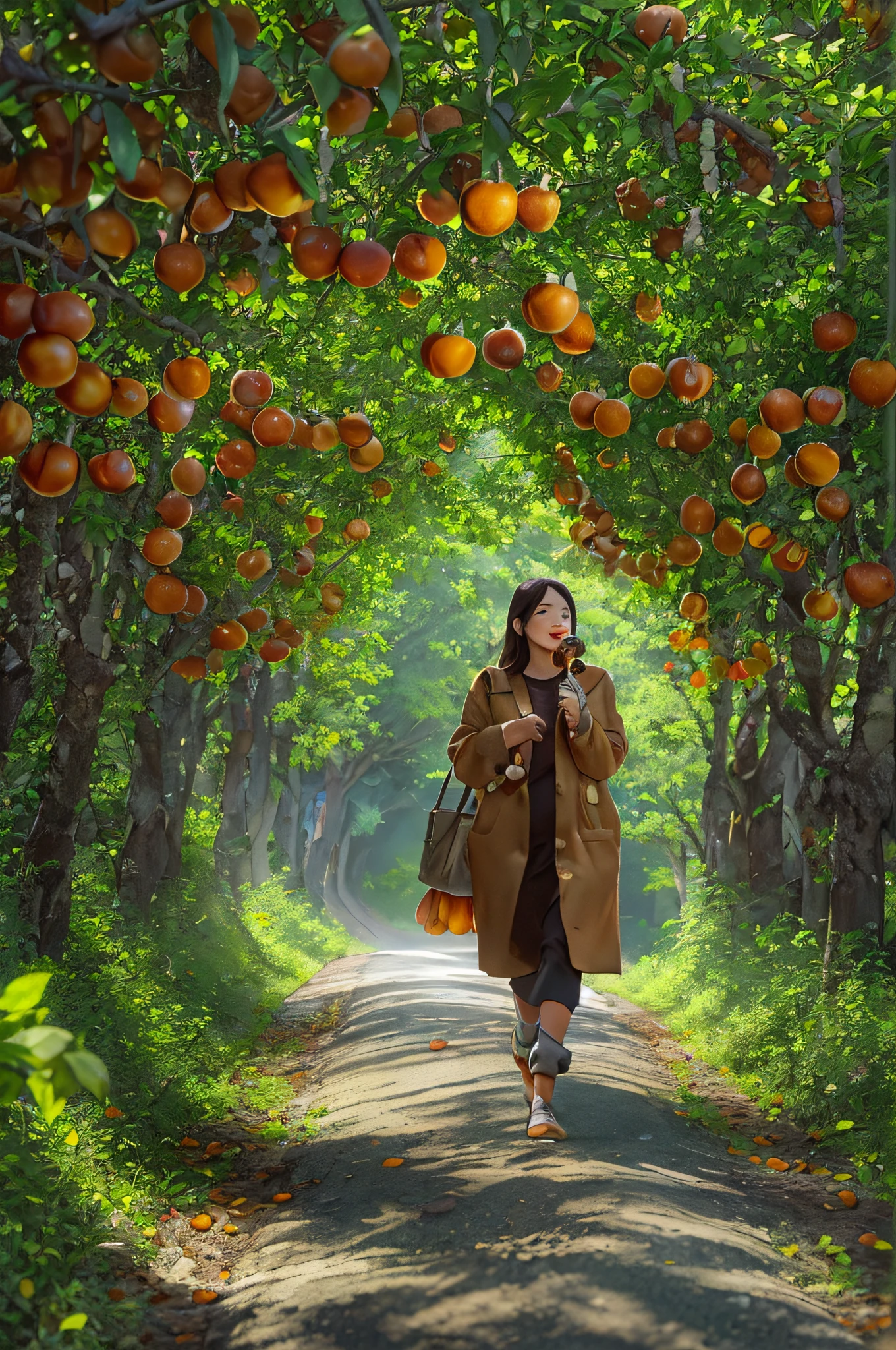 A country road full of persimmons、A woman of about 20 walking while eating persimmons、Backlight illumination、Looking at the camera、low angles