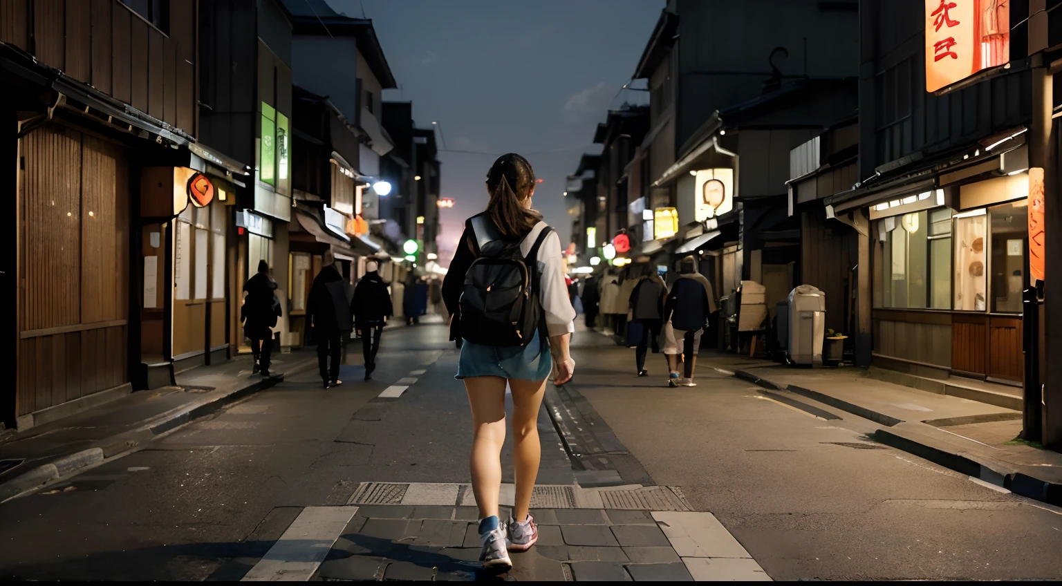 (Best Quality, 8K), (Photo Photorealistic:1.4), (A hyper-realistic:1.4), (realisitic:1.3), Streets of Japan, People walking on the streets, Female college student back view, murky, natta, Midnight,