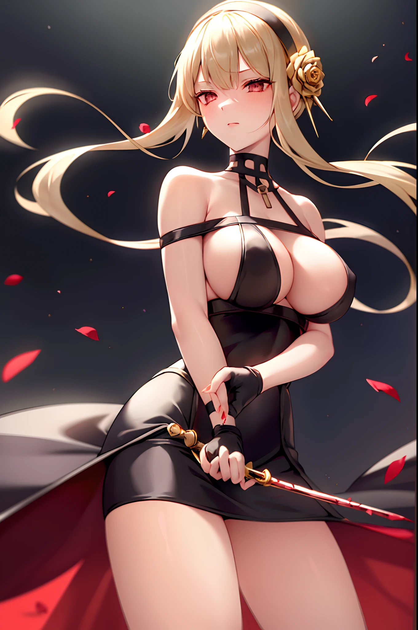 yor briar, 1girl, Contre-Jour, exposed bare shoulders, Garden background,White dress, whitegloves, Black hair, bloods, Blood on the face, Blood on weapons, nedium breasts, Keep one's mouth shut, cow boy shot, shift dresses, 耳Nipple Ring, expressiveless, Fingerless gloves, Floating hair, Estampados florales, florals, mitts, gold earring, Blonde headband, hairflower, hair adornments, shairband, halter, holdingweapon, jewely, Large breasts, light particules, Long hair, looking at viewert, off the shoulder dress, cropped shoulders, petals, red - eyed, rosette, rose petals, Rose printing, short long hair, Lateral hair, solo, Spikes, upper legs, two-sided skirt, Double-sided fabric, arma, ((masterpiece))