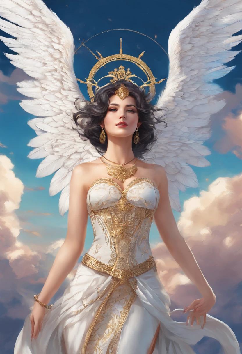 beautiful angel, full body, perspective from below, levitating, short flowing skirt, shoulder length straight black hair, blue eyes, burgundy lipstick, with shining golden halo, wearing all white leather with gold accents, white choker with golden cross, ornate metal corset, holding one long golden metal staff, descending from bright blue sky, backlit by the sun, fluffy clouds, outstretched symmetrical white feathery wings, with light particles eminating behind, wallpaper art, UHD wallpaper