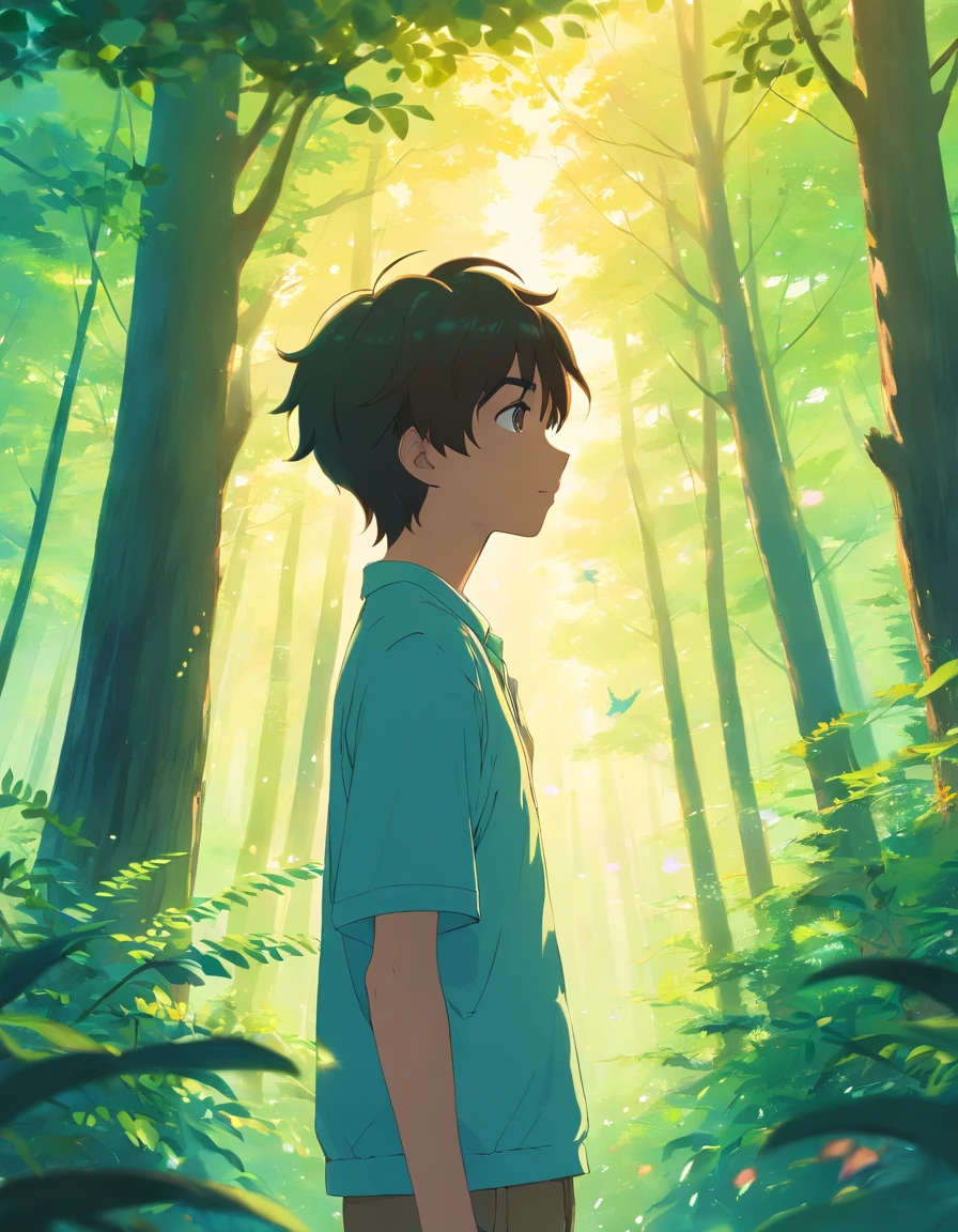 lovely boy, In the enchanting forest , There are many trees, florals, light breeze,Back Shadow,on back