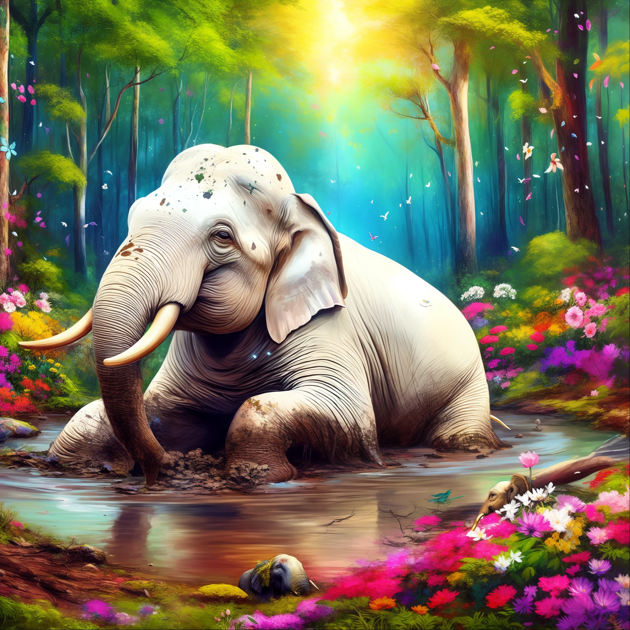 painting of an elephant in a forest with flowers and trees, colored elephant art, cute elephant, beautiful nature, beautiful digital artwork, beautiful digital art, very beautiful digital art, detailed painting 4 k, archan nair, hd wallpaper, beautiful gorgeous digital art, beautiful digital painting, beautiful art uhd 4 k, beautiful!, looking majestic in forest, really beautiful nature