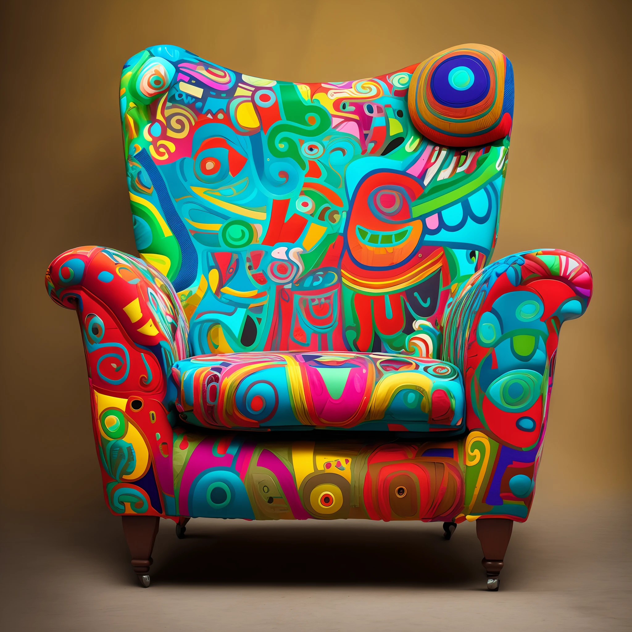 brightly colored chair with a colorful design on it, funky furniture, inspired by Tim Biskup, whimsical and psychedelic, monster graveyard chair, armchair, inspired by Pierre Alechinsky, bold and colourful, inspired by Paul Feeley, armchairs, portrait shot, 6 0 s chair, inspired by Wes Wilson, cozy arm chairs, maximalist sculpted design, hand - painted