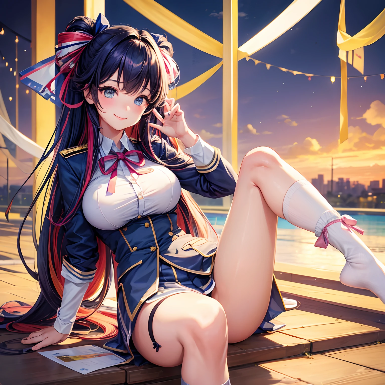 a beauty girl,girl with,A smile,Cute Uniform,Ribbon on uniform、top-quality,masterpiece,Colossal tits,超A high resolution,multicolored hair,Excellent style,Perfect facial features,valley,a beauty girl,modeled,girl,masterpiece,Loose socks,