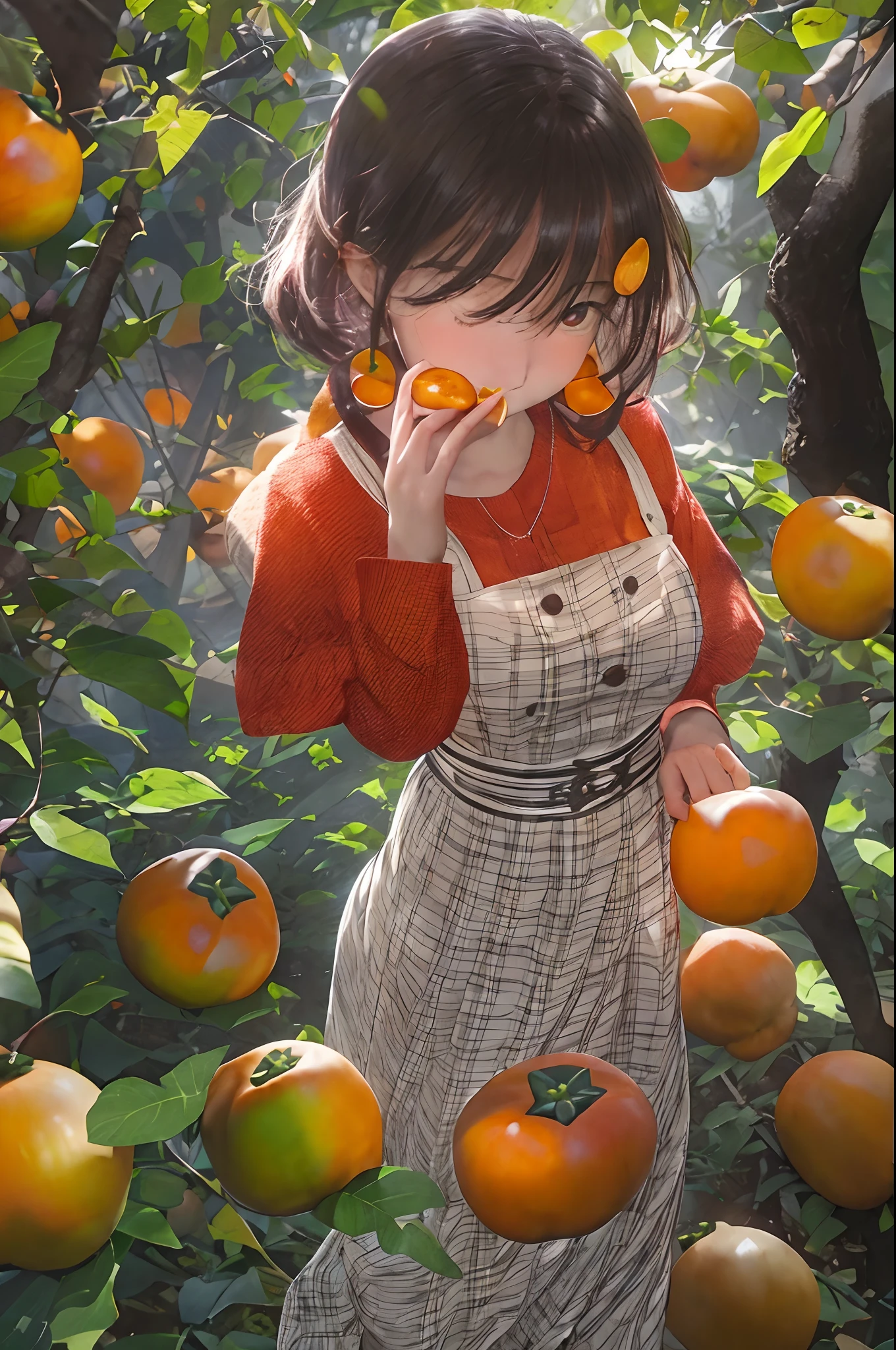 There are a lot of persimmons、A woman of about 20 walking while eating persimmons、Backlight illumination、Looking at the camera、low angles