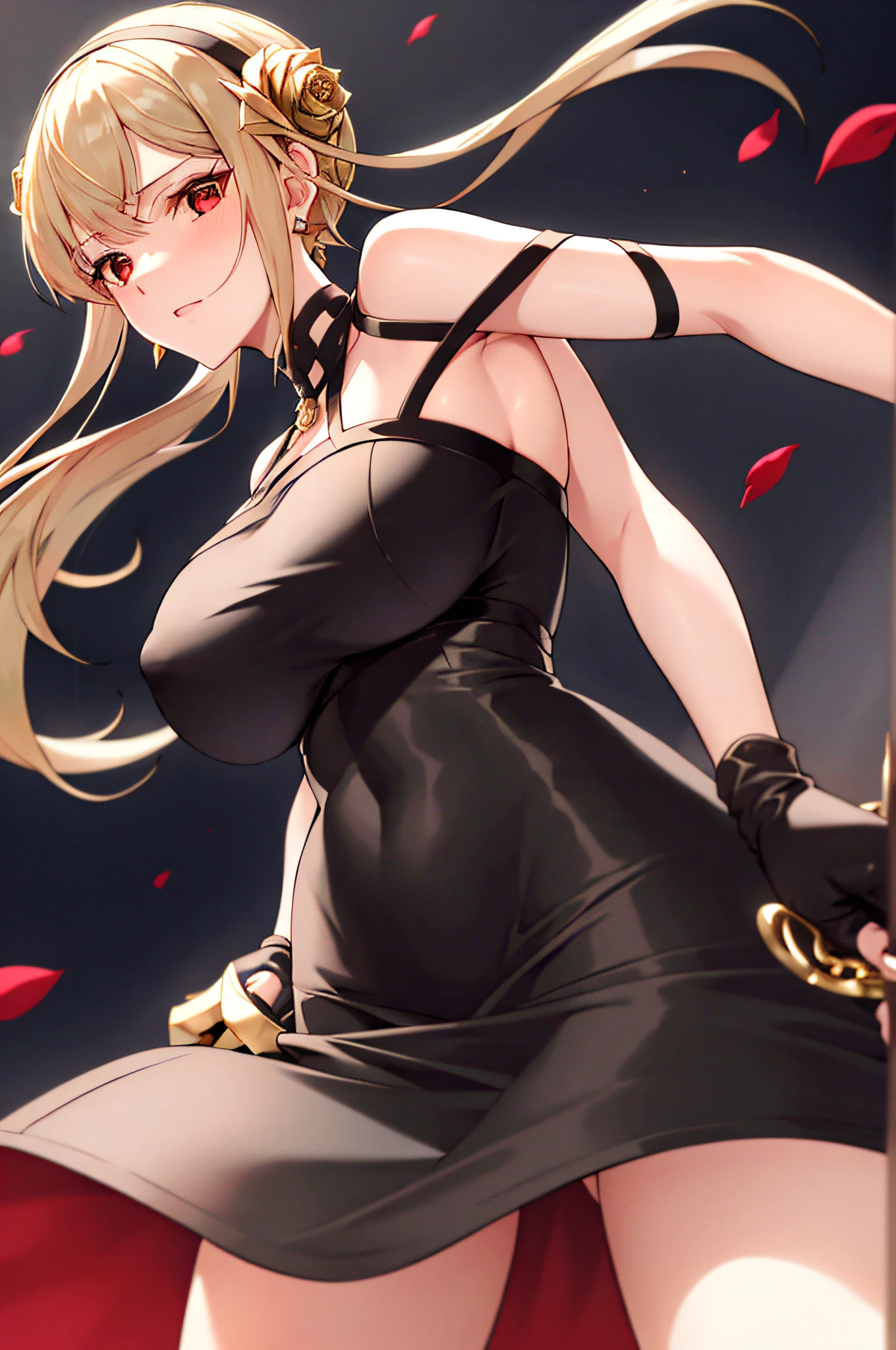 yor briar, 1girl, Contre-Jour, exposed bare shoulders, Garden background,White dress, whitegloves, Black hair, bloods, Blood on the face, Blood on weapons, nedium breasts, Keep one's mouth shut, cow boy shot, shift dresses, 耳Nipple Ring, expressiveless, Fingerless gloves, Floating hair, Estampados florales, florals, mitts, gold earring, Blonde headband, hairflower, hair adornments, shairband, halter, holdingweapon, jewely, Large breasts, light particules, Long hair, looking at viewert, off the shoulder dress, cropped shoulders, petals, red - eyed, rosette, rose petals, Rose printing, short long hair, Lateral hair, solo, Spikes, upper legs, two-sided skirt, Double-sided fabric, arma, ((masterpiece))