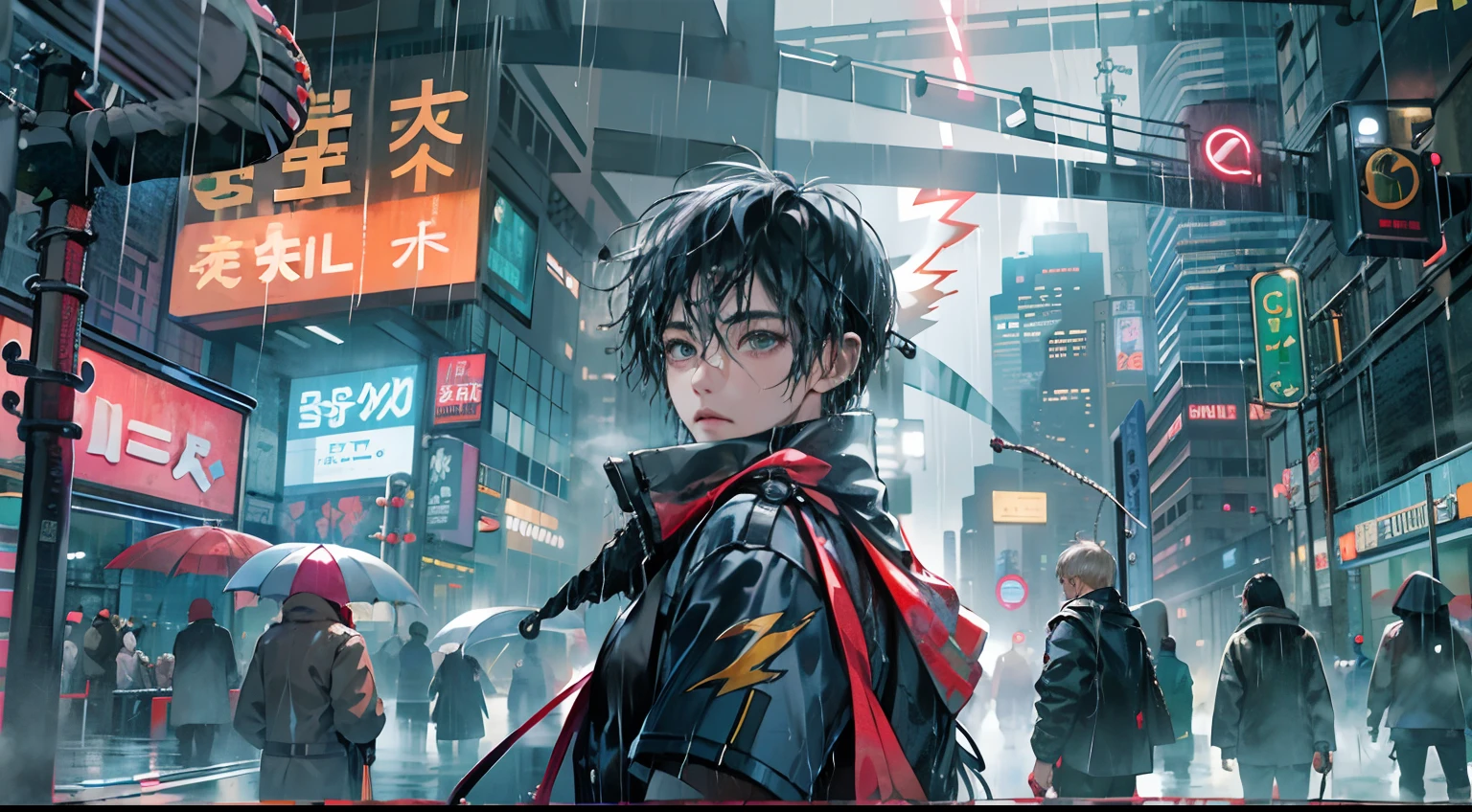 1boys,A 13-year-old boy、Wet body、Cyberpunk boy、The beginning of the adventure、(drench:2)、(Lightning:1.5)、Lots of clouds,Heavy fog、Heavy fog,The chaotic city of the future、Movie dystopia、A group of very tall skyscrapers stands in the center、Very complex cityscape,Crowded Chinese skyscrapers、Signs、the street lights、taxis、the bus、Train、Blue lighting,The Dark Road、Lots of puddles、chaos、Beautiful and fantastic scenery、cinematic scenery、high high quality、masutepiece,8K、A high resolution、