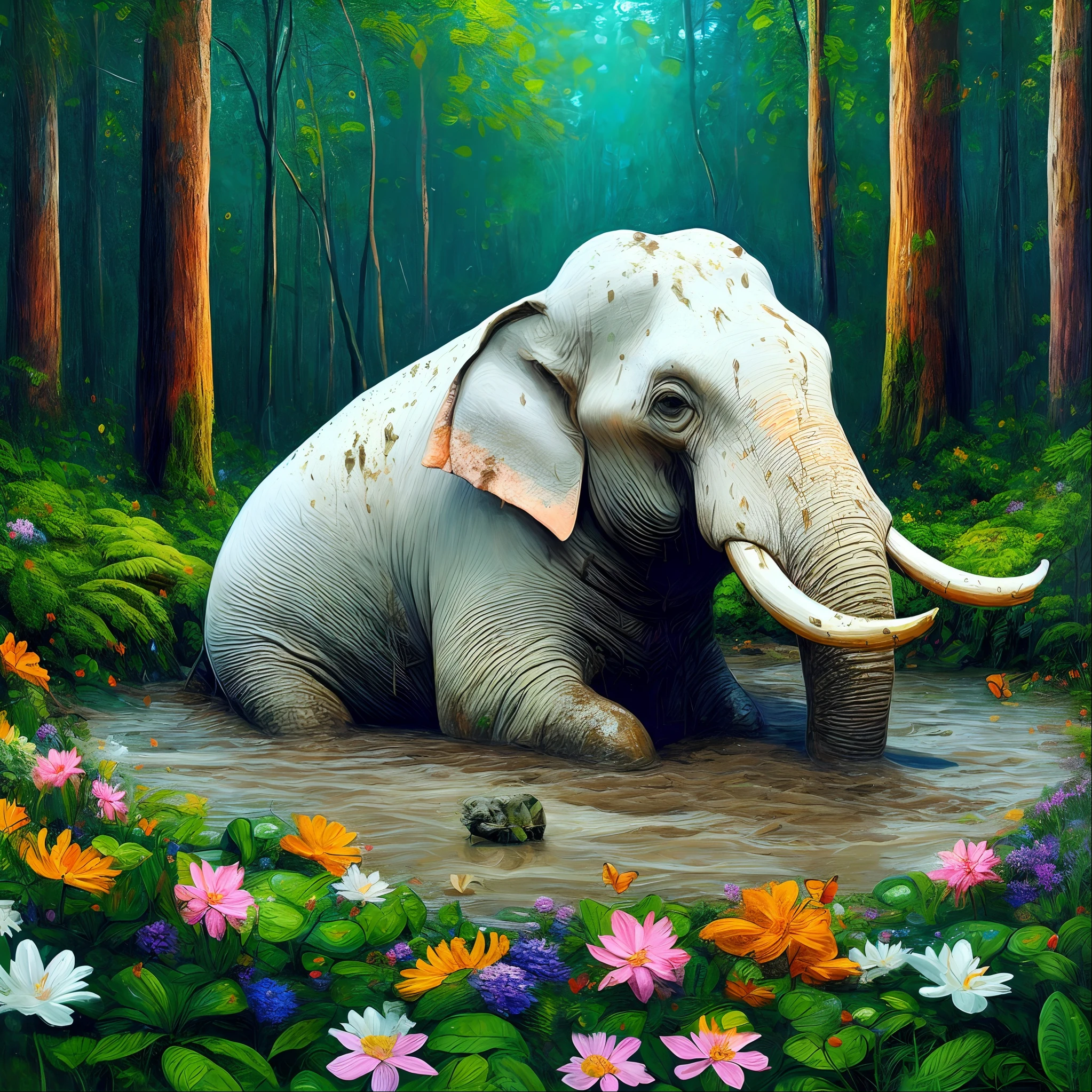painting of an elephant in a forest with flowers and trees, cute elephant, colored elephant art, beautiful digital artwork, beautiful digital painting, beautiful digital art, very beautiful digital art, high quality digital painting, beautiful nature, digital art oil painting, breathtaking art, 64 bit realistic painting, hd digital painting, adorable digital painting, elephant, animal painting, beautiful!!