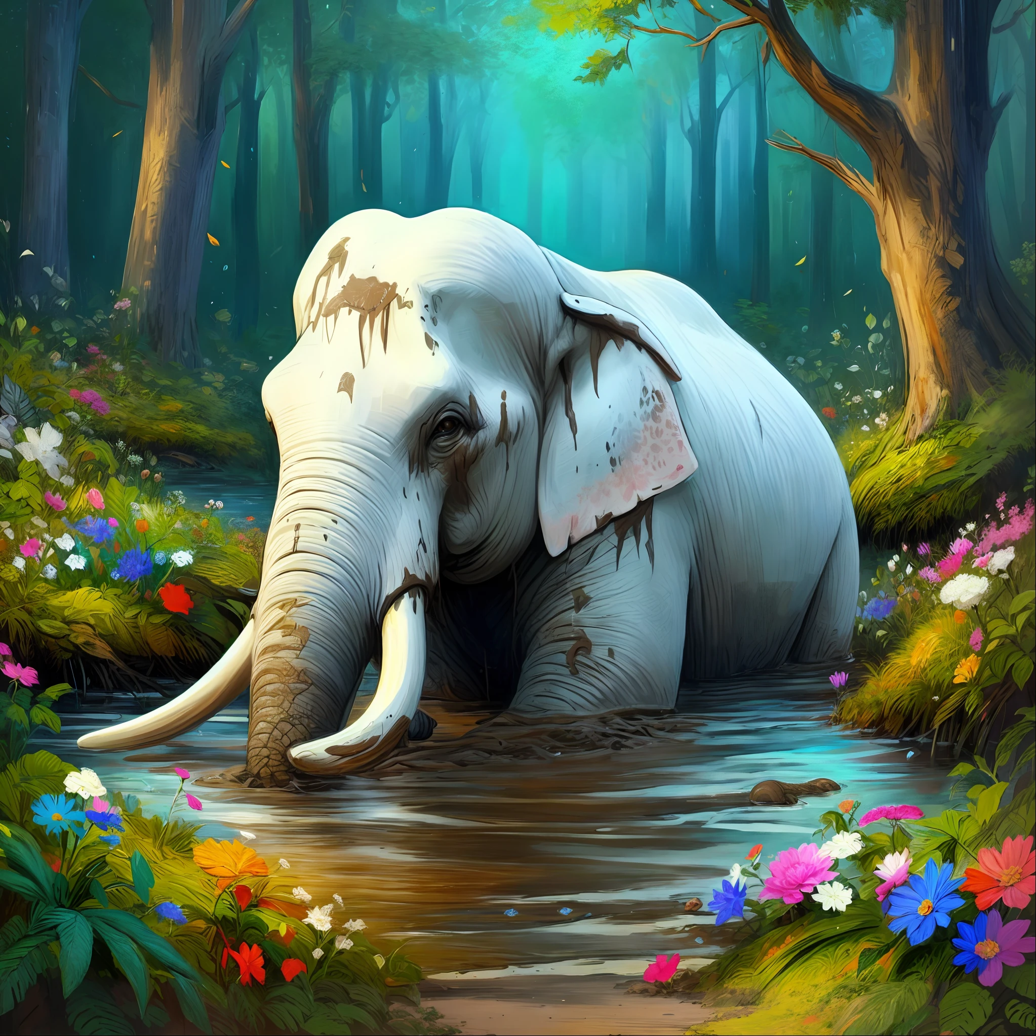 painting of an elephant in a forest with flowers and trees, colored elephant art, beautiful digital painting, detailed painting 4 k, hd digital painting, high quality digital painting, beautiful digital art, cute elephant, very beautiful digital art, beautiful digital artwork, elegant digital painting, beautiful gorgeous digital art, a beautiful artwork illustration, digital cartoon painting art, gorgeous digital painting