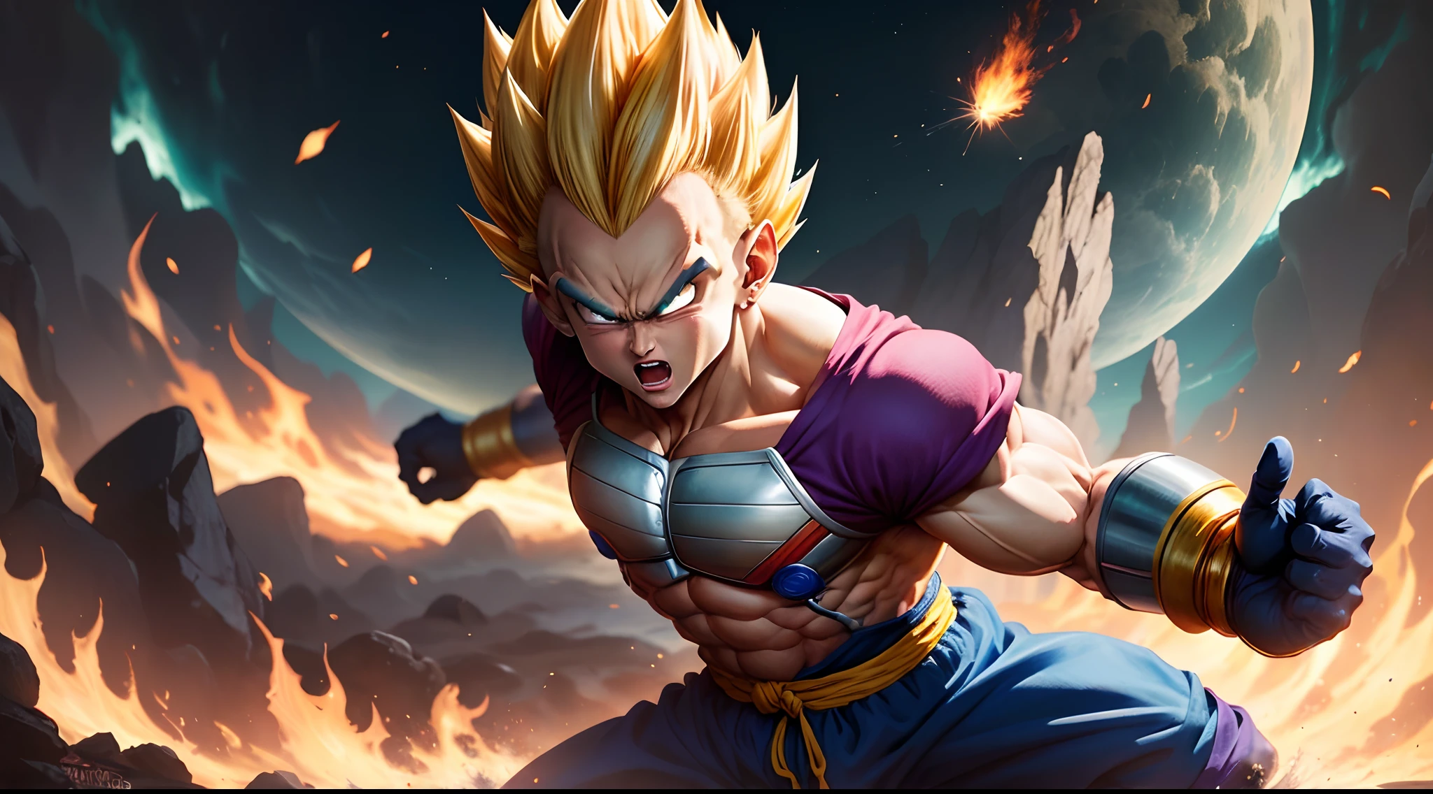 (masterpiece, best quality: 1.2), solo, male focus, 1boy, vegeta, furious, fighting pose, bruised, looking at the viewer, blonde hair spiked, black eyes, armor, white gloves