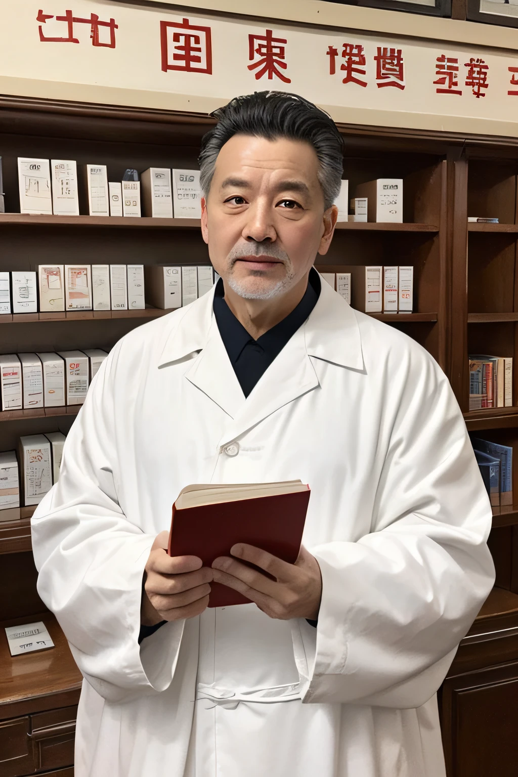 Chinese image，Real frontal photos，Authentic background，Pharmacy background，holding books，Manteau blanc，Face full of wrinkles，TCM image，Wise eyes，male people