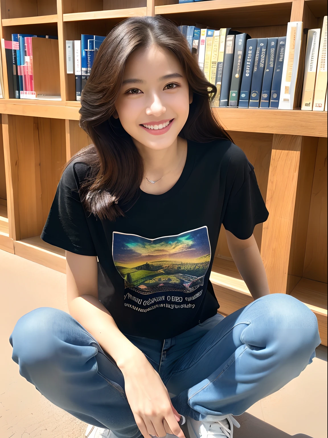 master piece,8k,(master piece,photorealistic:1.5),(master piece,ultra high resolution:1.5),(master piece,best quality,ultra detailed:1.5),
full body,beautiful girl,light smile,jeans,t-shirt,
library,