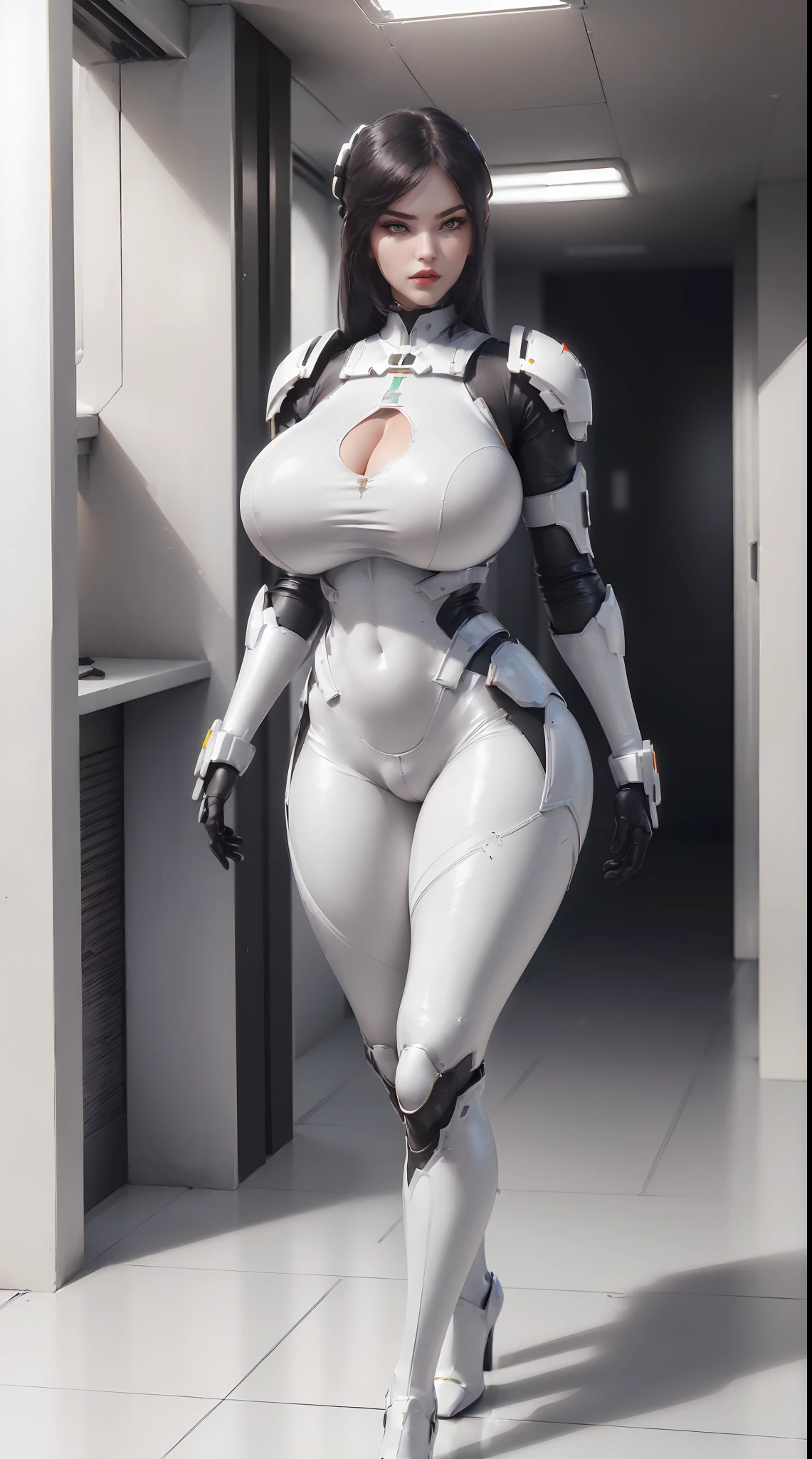 (1GIRL,SOLO:2), (super detailed face), ((BIG BUTTOCKS, HUGE FAKE BREASTS:1.5)), (CLEAVAGE TOP:1.5), (11 LINE ABS FEMALE:1.4), (MECHA GUARD ARM:1.4), ((WEAR WHITE OVERWATCH MECHANICAL ARMOR SUIT, BLACK MECHANICAL SKINTIGHT SUIT PANTS, MECHA GUARD ARMOR LEGS, HIGH HEELS:1.5)), (LEWD VOLUPTUOUS BODY:1.3), (GLOWING SKIN:0.8), (LONG LEGS, FULL BODY:1.1), (LOOKING AT VIEWER:1.3), (female focus:0.886), (WALKING DOWN HALLWAY OF FUTURISTIC SPACE STATION:1), (BRIGHT LIGHT WHITEROOM:1.3), SUPER TEXTURE, UNREAL ENGINE RENDER, PHYSICALLY-BASED RENDERING, ULTRA HIGHT DEFINITION, 16K, 1080P.