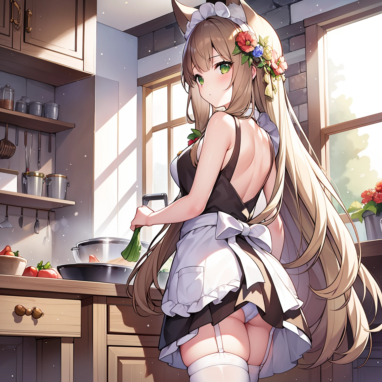 Masterpiece, Best quality, high resolution, 1girll, Solo, Huge fox tail，Long brown hair，Green eyes，Small flower headdress，The figure of a 16-year-old female high school student，In the open kitchen at home，Girl carefully cuts vegetables，(wearing a white apron_  aprons)，White over-the-knee stockings，The girl looked at the vegetables very intently_No one else was spotted peeking at her from behind，She wore only a pair of white panties，Snow-white skin，Nice back，The vision behind it,