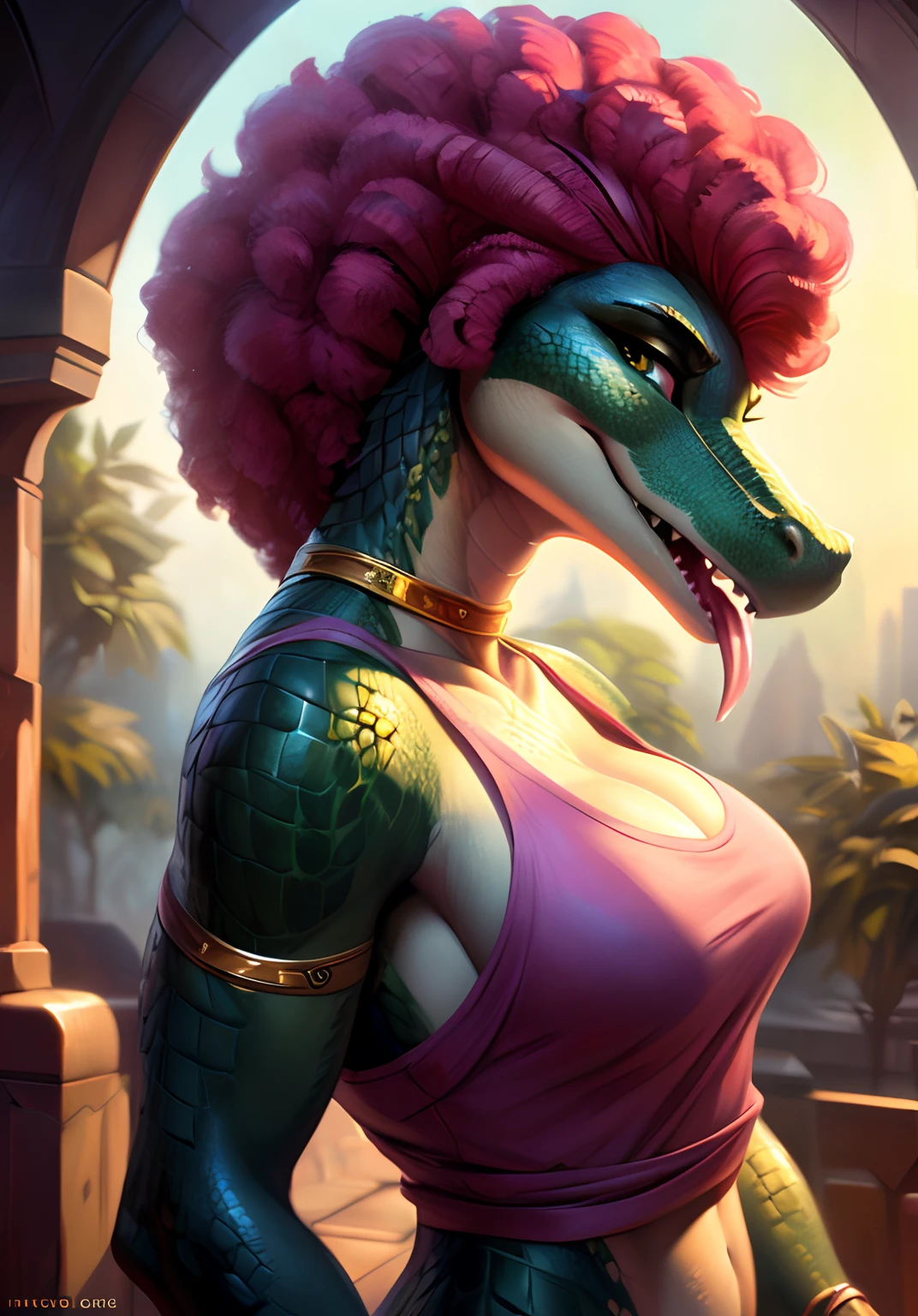 Uploaded on e621, by Pixelsketcher, by Bayard Wu, by Thomas Benjamin Kennington , by Einshelm, solo anthro, ((face portrait)), BREAK, ((belly uncovered)), alligator, ((pink tanktop, long jeans)) (detailed Bonifasko lighting), (detailed scales), (detailed skin), (light green alligator, light green alligator, light green alligator), BREAK, ((tongue out)), ((gold ring on neck, gold ring on wrist)), ((pink tank top, long jeans)), ((eye shadow)), ((SFW)), ((tail)), ((pink afro)), ((facing viewer)), (cinematic lighting), ((detailed background)), ((face portrait view)), (((face view))), (half body shadow), [backlighting], [crepuscular ray], [detailed ambient light], [gray natural lighting], [ambient light], (higher wildlife feral detail), [explict content], [sharp focus], (questionable content), (shaded), ((masterpiece), pink afro hair, medium scales breasts, breasts, furry light green alligator, alligator face, furry Fantasy Art, furry Art, Commission for High Res, anthro Art, Art,Sakimichan beautiful, masterpiece, medium breasts, best quality, detailed image, bright colors, detailed face, perfect lighting, perfect shadows, perfect eyes, girl focus, alligator eyes, flawless face, big breasts, face focus, ((long thick colorful tail)) alligator, alligator girl, scales, scales woman, alligator nose, large long muzzle, pink afro hair, colorful scales, gaze at the viewer, half-closed eyes, 1girl, solo, (masterpiece), (best quality), (illustration), (cinematic lighting), long hair, detailed scales, balanced coloring, global illumination, ray tracing, good lighting, scales, anthro, showing breasts, cleavage, looking at viewer, seductive look, SFW